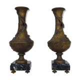 Pair of art nouveau vases in regulation on marble base signed l and f moreau