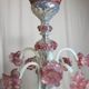 Milky white and pink Murano glass chandelier with four arms of light