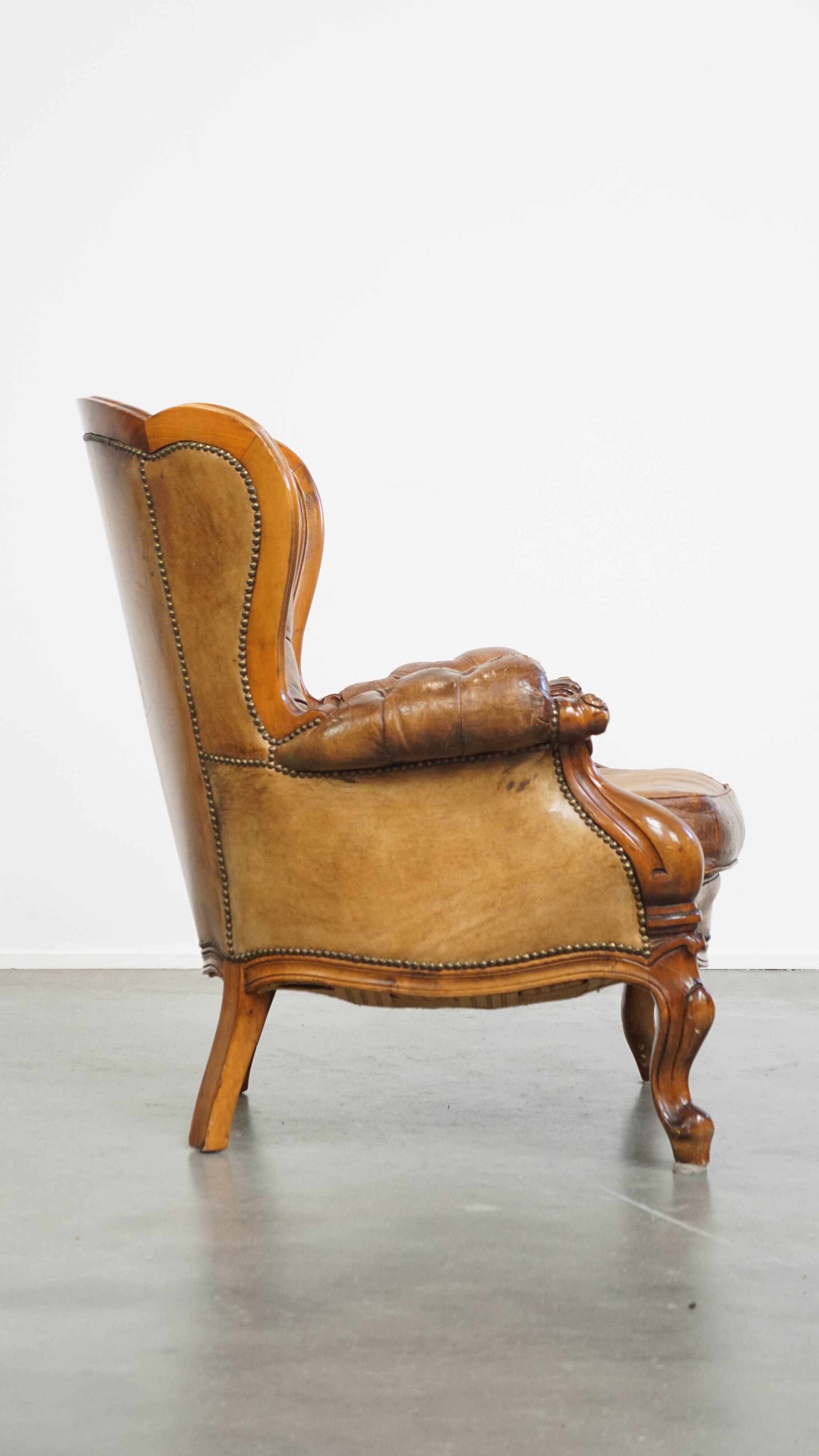 Antique Baroque Sheepskin Leather Chesterfield Armchair