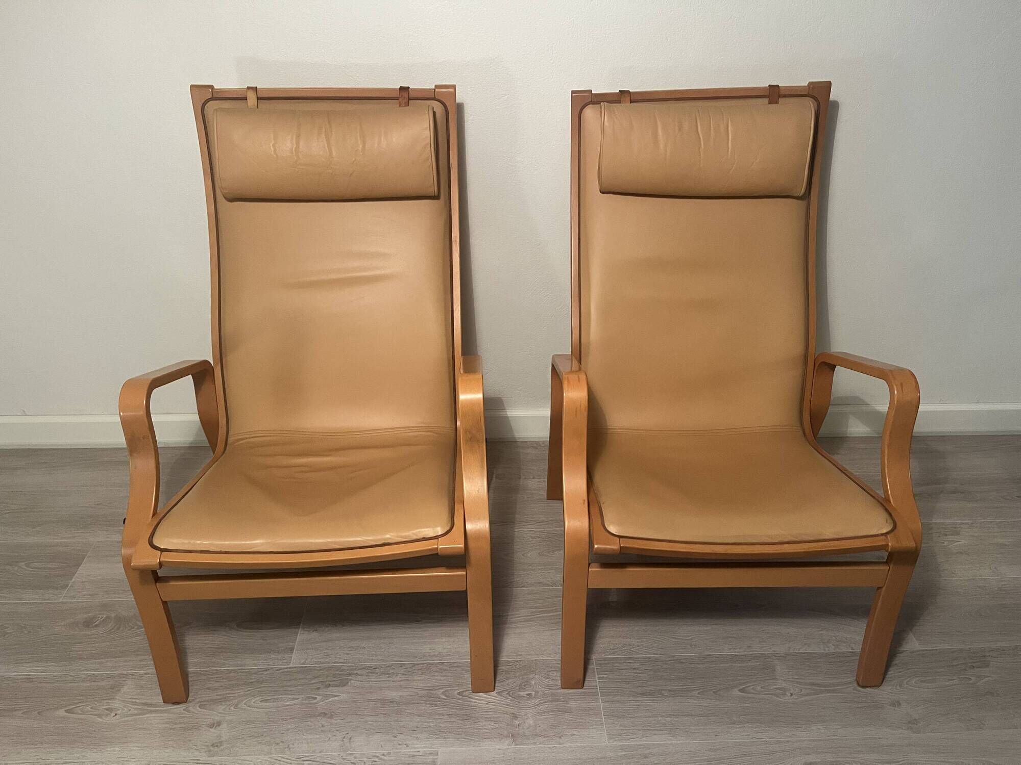 Pair of Scandinavian Bentwood Lounge Chairs in Cognac Leather, 1970s–80s