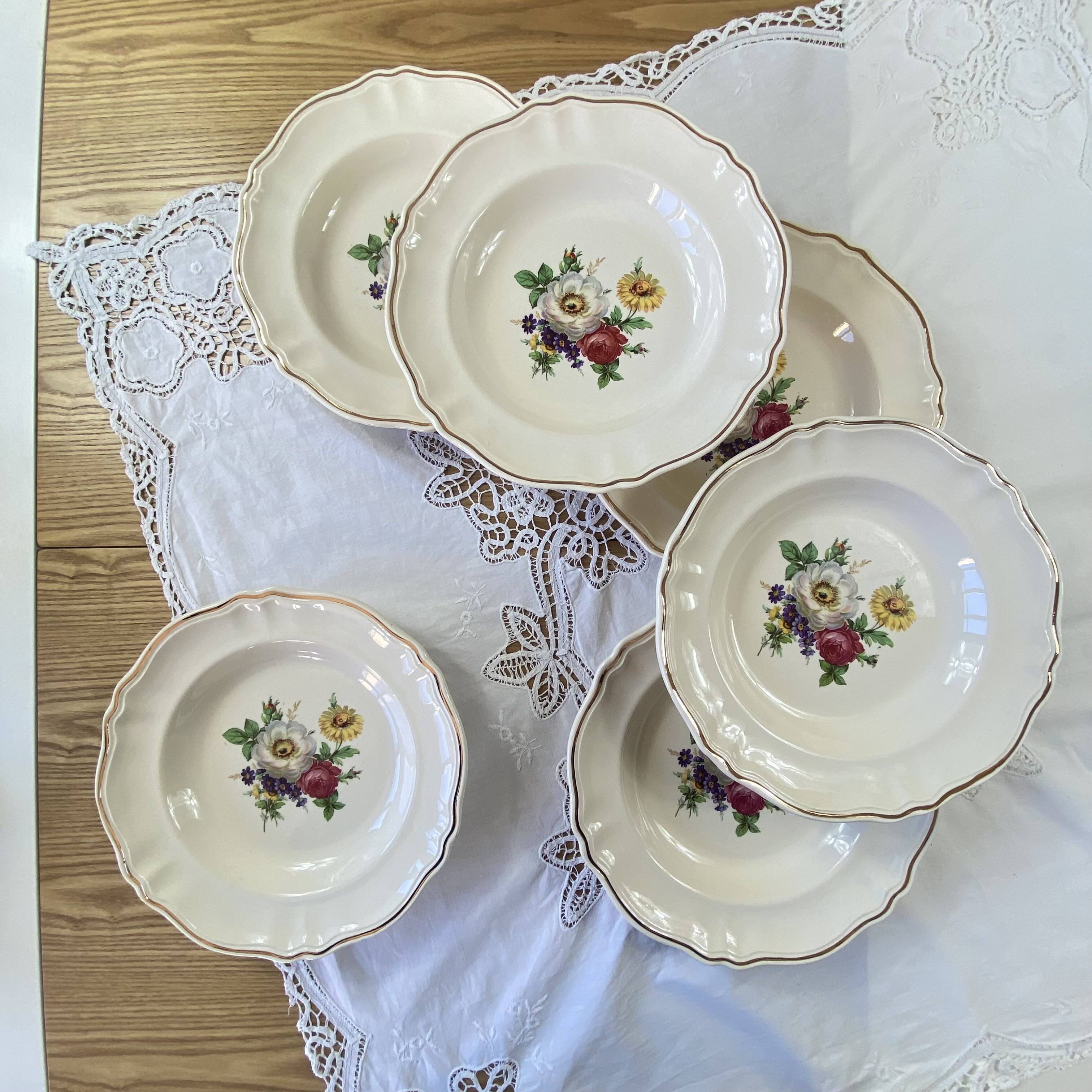 Set of 6 antique Badonviller earthenware soup plates with flowers and gilding