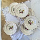 Set of 6 antique Badonviller earthenware soup plates with flowers and gilding