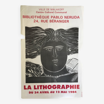 Alecos fassianos (d'ap.) la lithographie bibliothèque pablo neruda malakoff, 1984. affiche originale