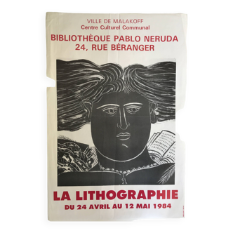 Alecos fassianos (d'ap.) la lithographie bibliothèque pablo neruda malakoff, 1984. affiche originale