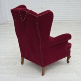 1960s, Danish highback wingback armchair, cherry-red furniture velour.