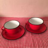 2 cups and their red enamelled saucer