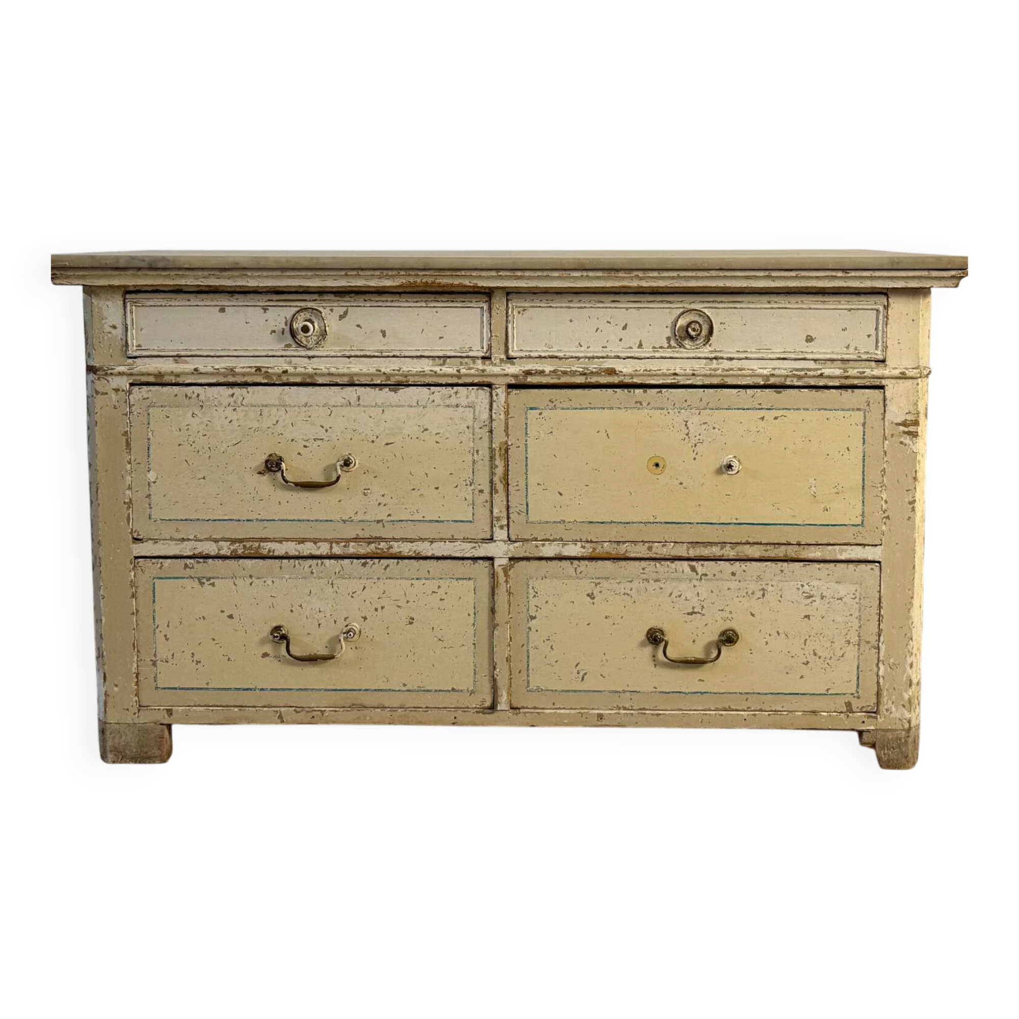 Double-sided shop counter furniture with 6 drawers, length 156 cm.