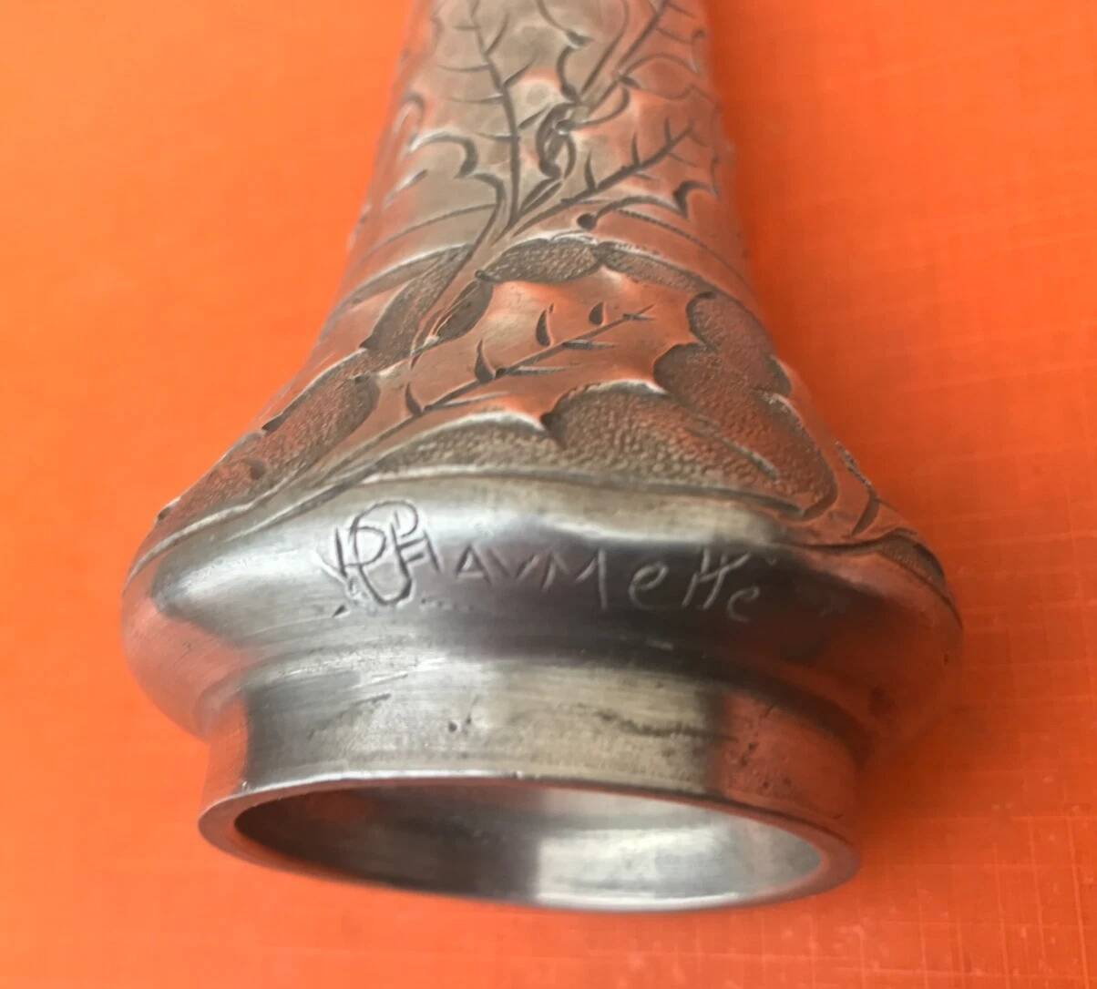 Art Nouveau soliflore vase by P. Chaumette, pewter, oak leaf decoration