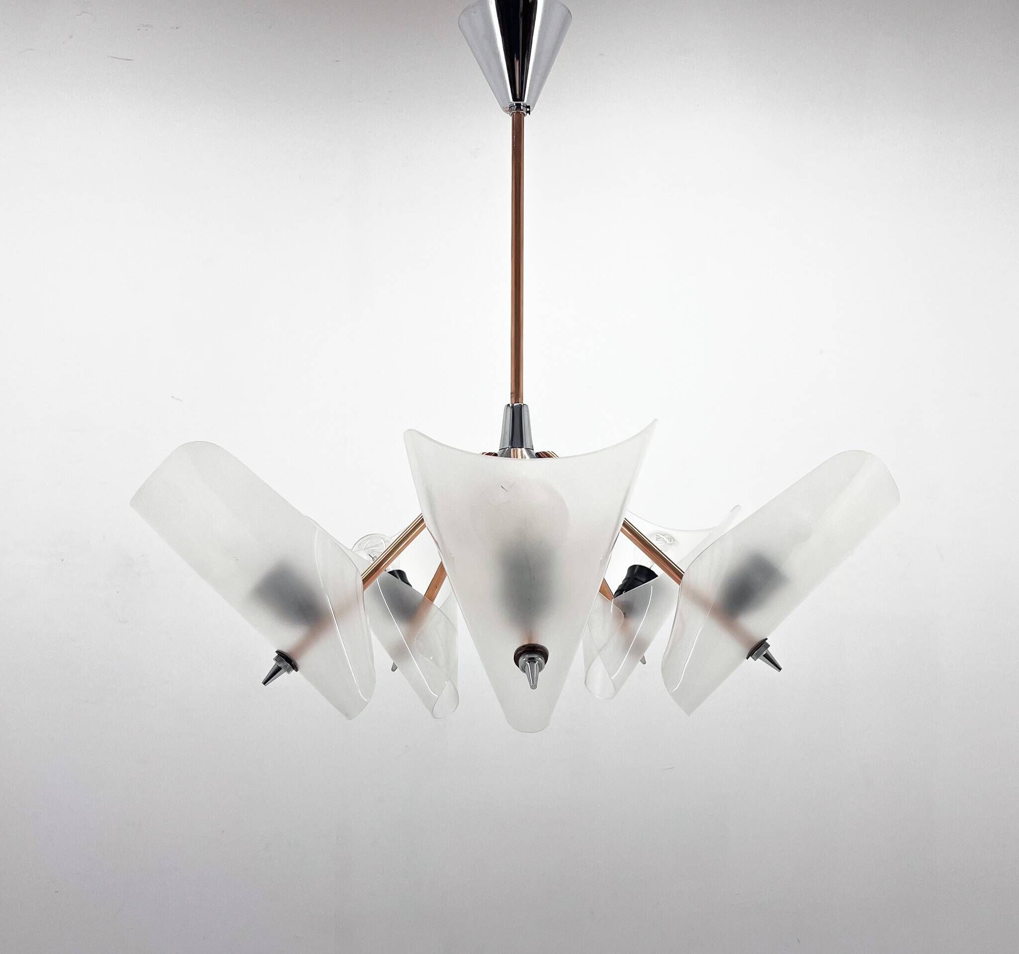 Mid-century chrome, copper & plastic chandelier by drukov, 1970s / 2 pieces avl