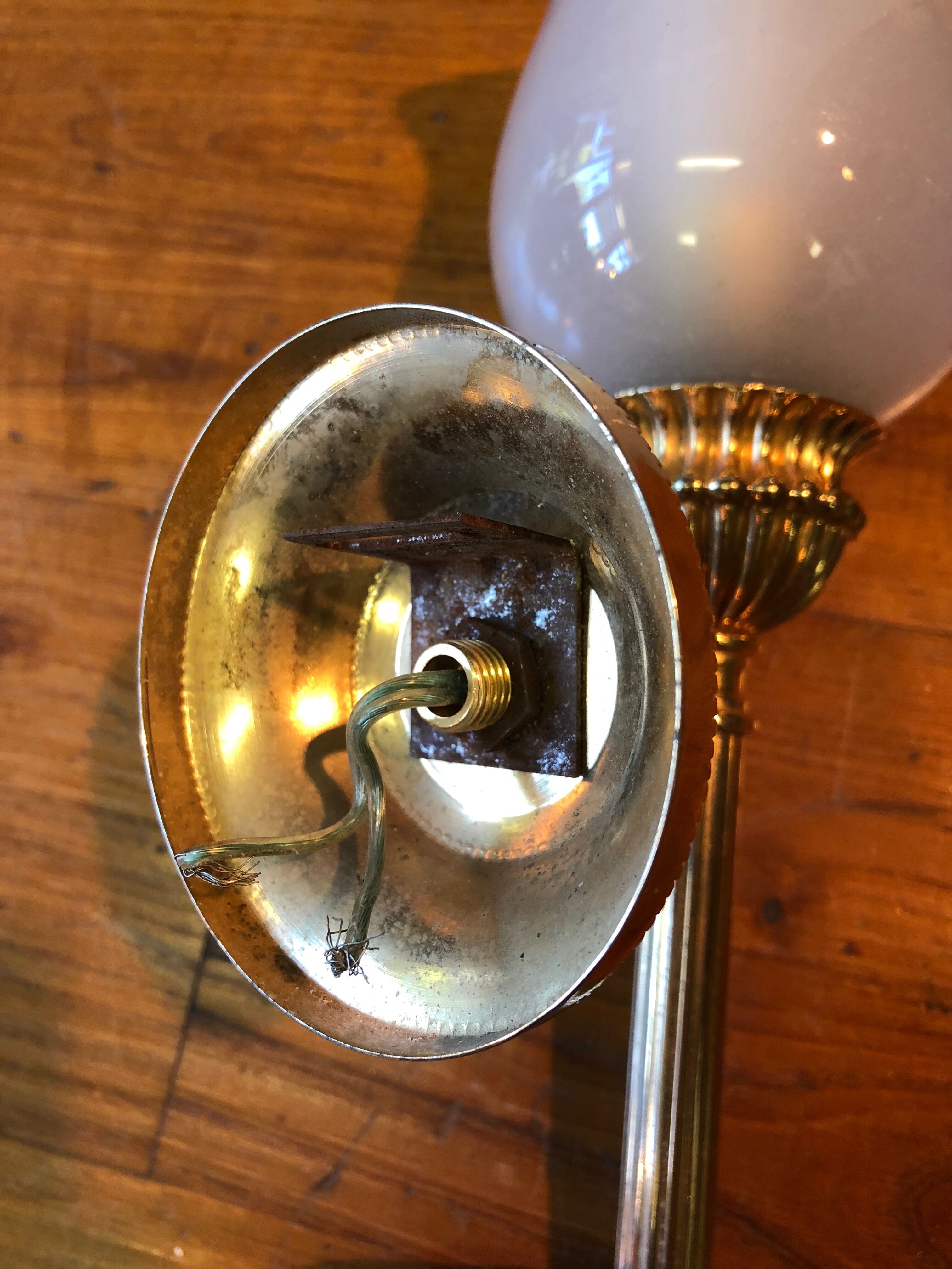 Pair of brass and opaline wall lamps