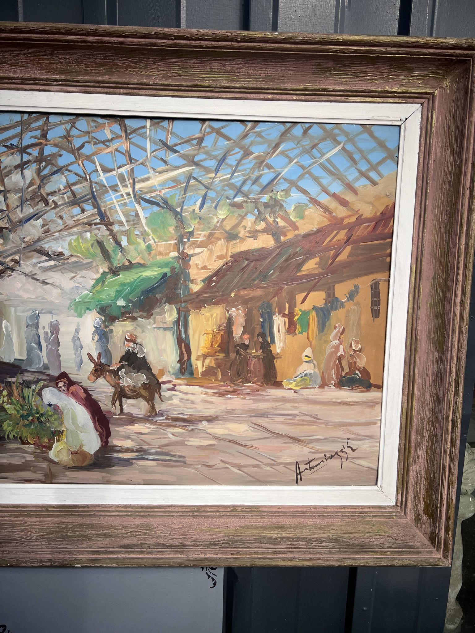 Tableau Huile-sur-Panneau , Le Marché oriental ou Souk signé Antoniazzi