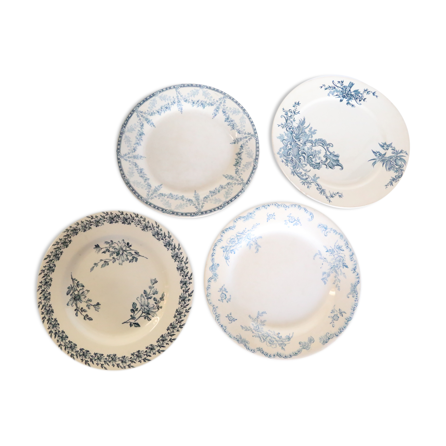 4 assiettes plates mélangées Terre de Fer, Luneville, Creil et Montereau, BFK