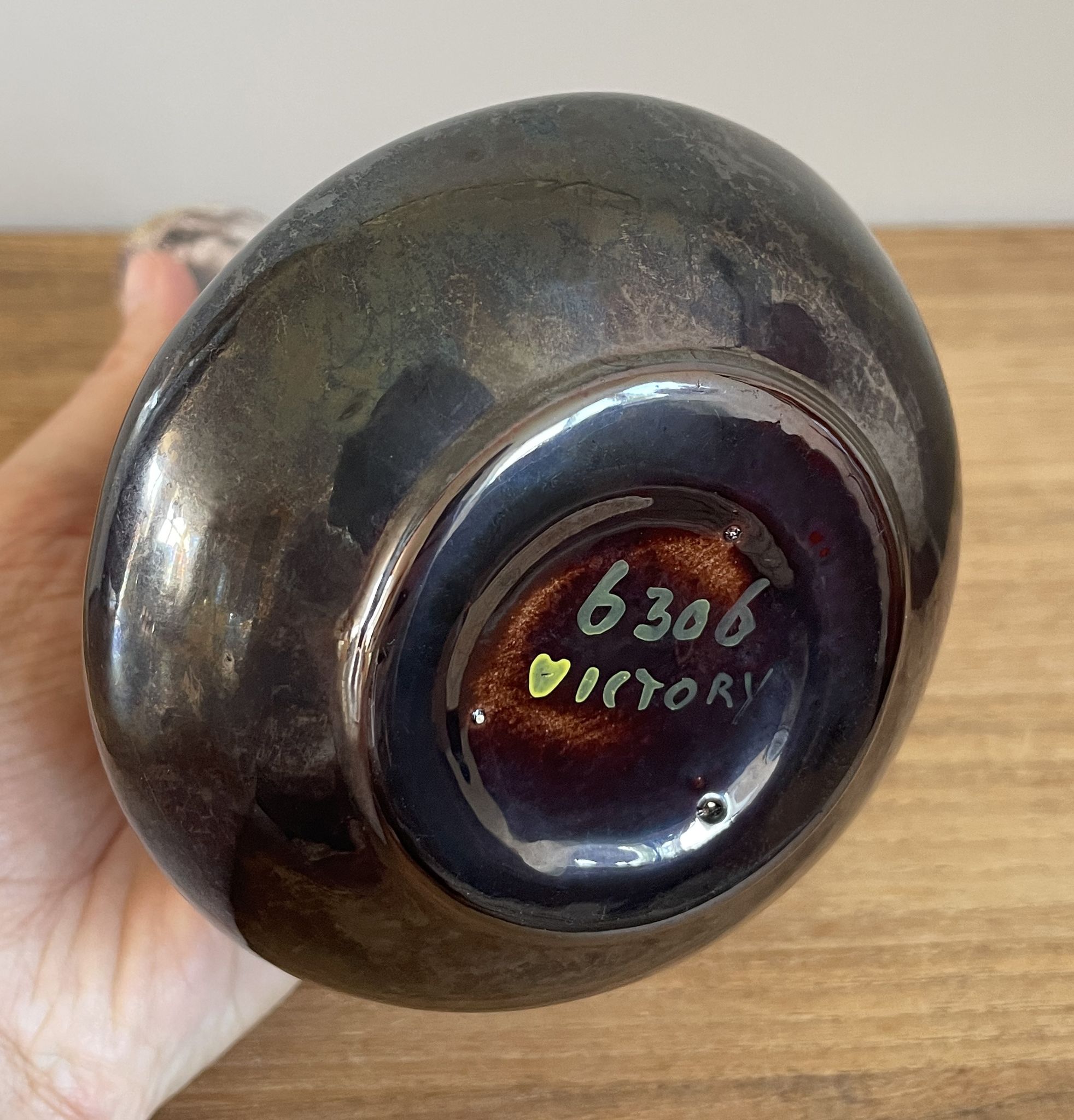 Fat lava style vase with handle, victory, purple, yellow & black drip glaze