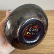 Fat lava style vase with handle, victory, purple, yellow & black drip glaze
