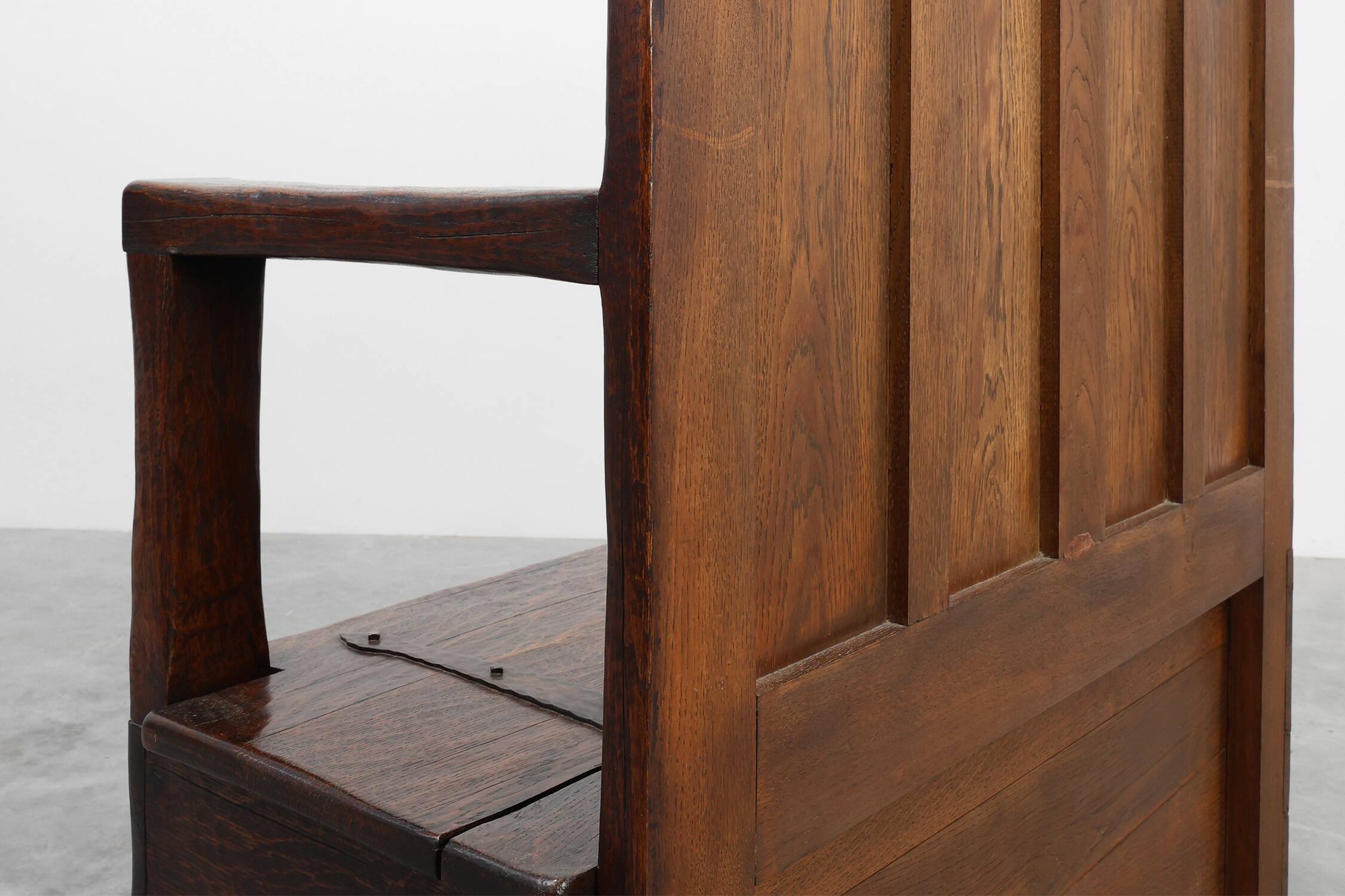 Rustic solid oak carved bench with storage compartment, France 19th century