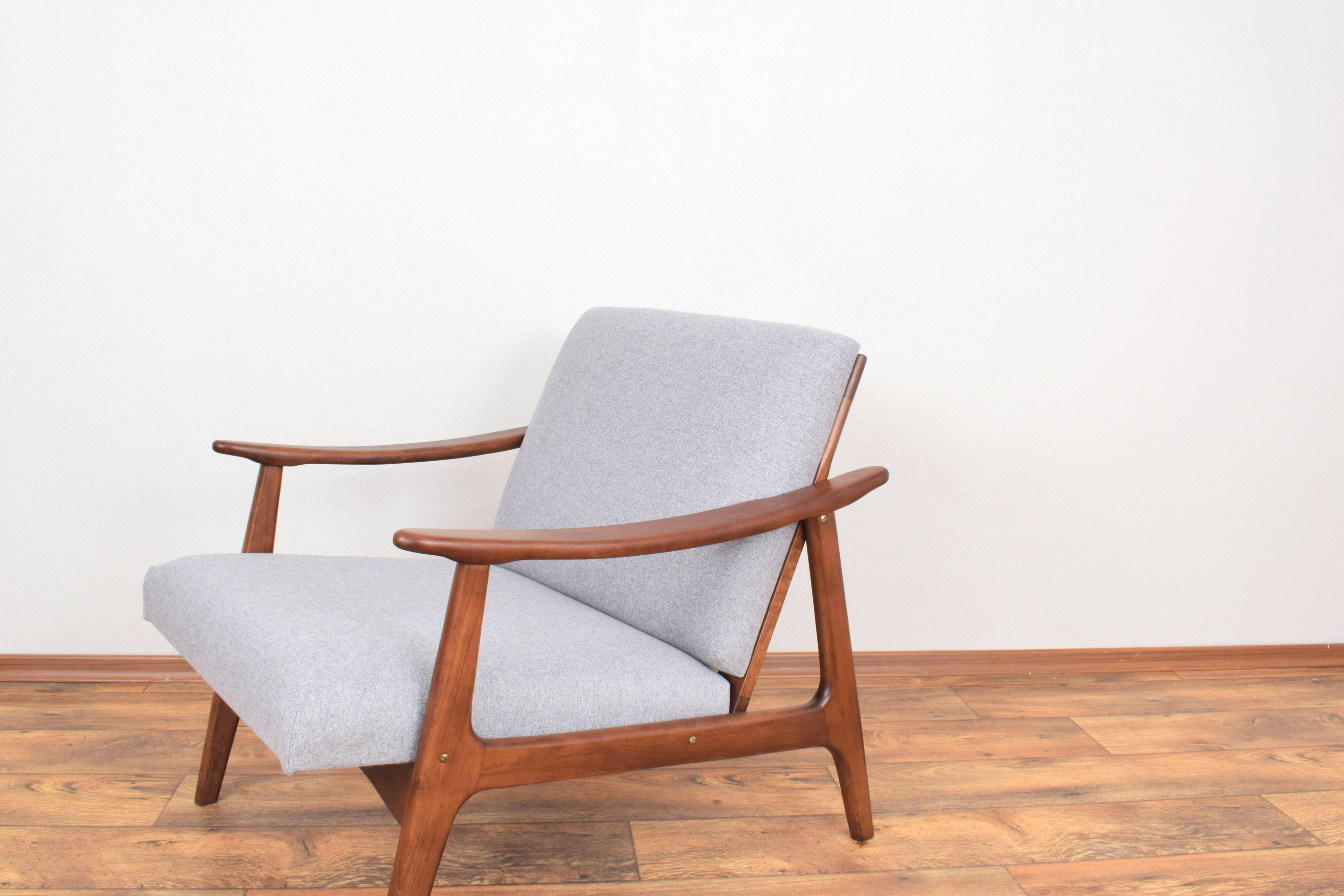Mid-Century Pair of Polish Armchairs and Walnut Cabinet, 1960s, Set of 3.