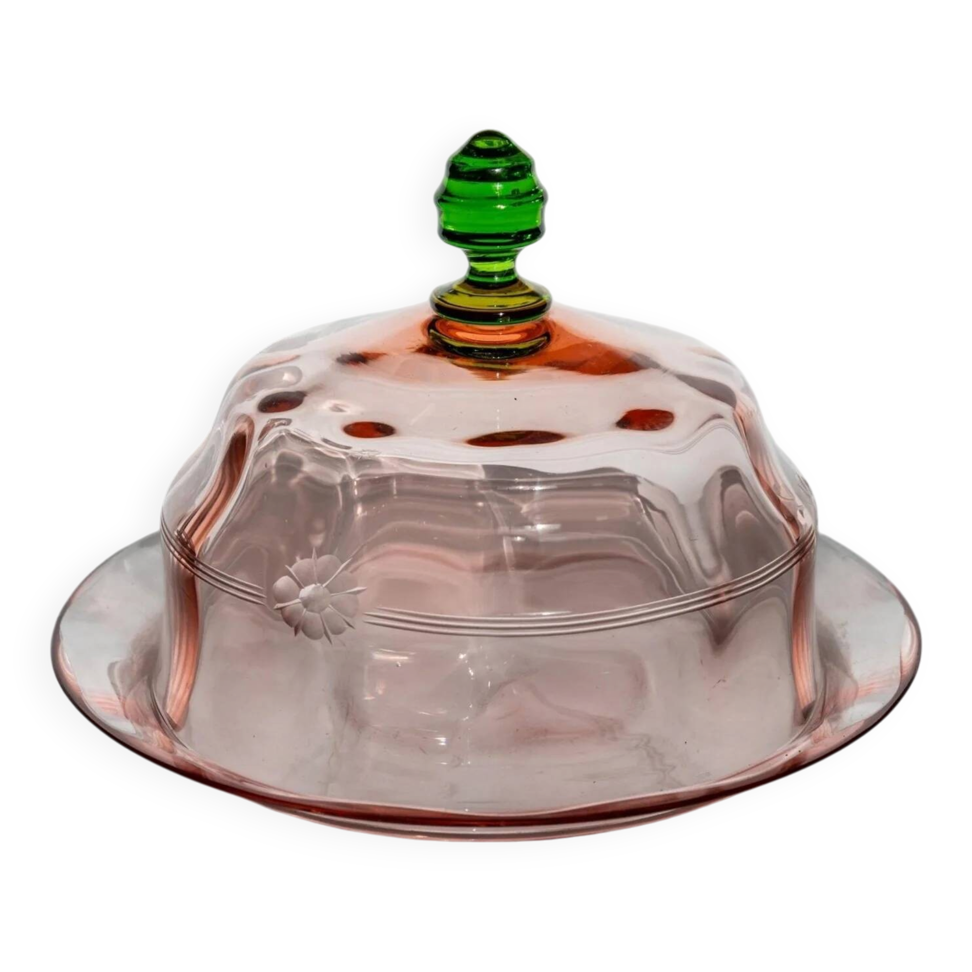 Pink Glass Cloche with Green Finial on Plate – 1930s Italian Vintage Glass Tableware