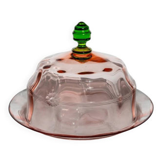 Pink Glass Cloche with Green Finial on Plate – 1930s Italian Vintage Glass Tableware