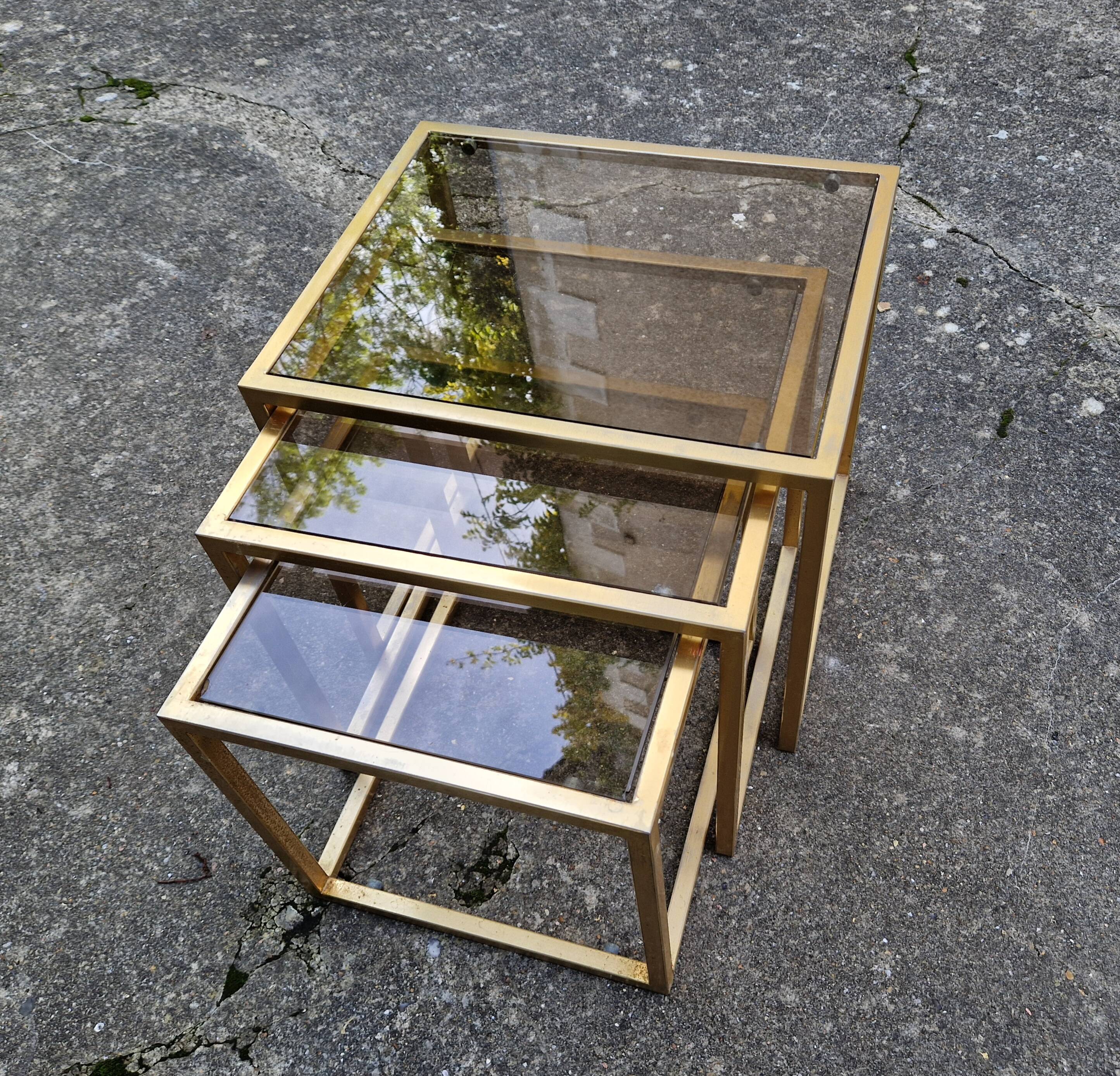 Vintage 1980s gold metal and smoked glass nesting tables
