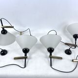 Rare Set of four Italian Modern brass and Murano glass wall lamps by Quattrifolio. 1970s