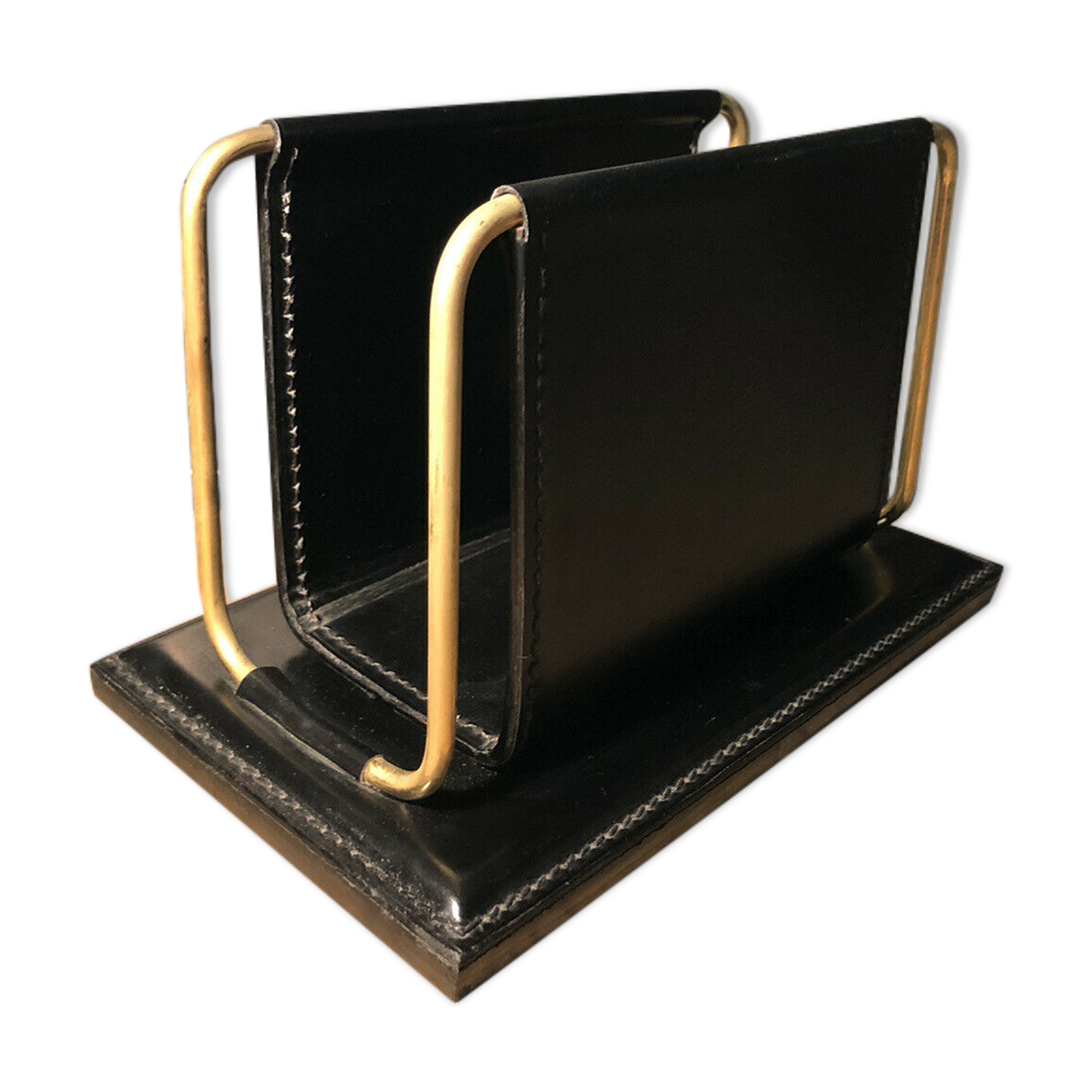 Vintage leather and brass office mail holder