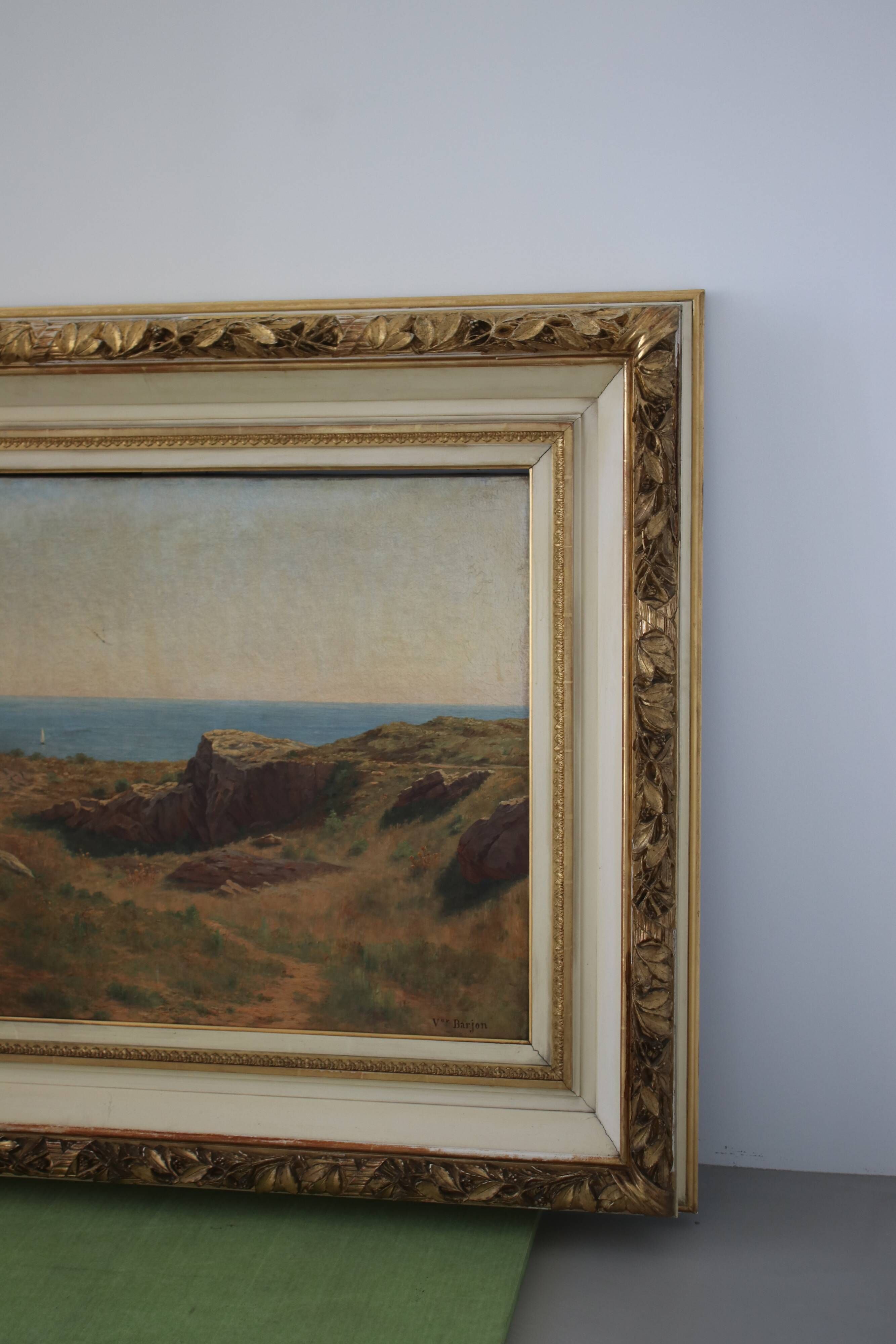 Painting Oil on Canvas Framed, signed Victor Barjon (1845-1920), Cote Rocheuse Bretagne