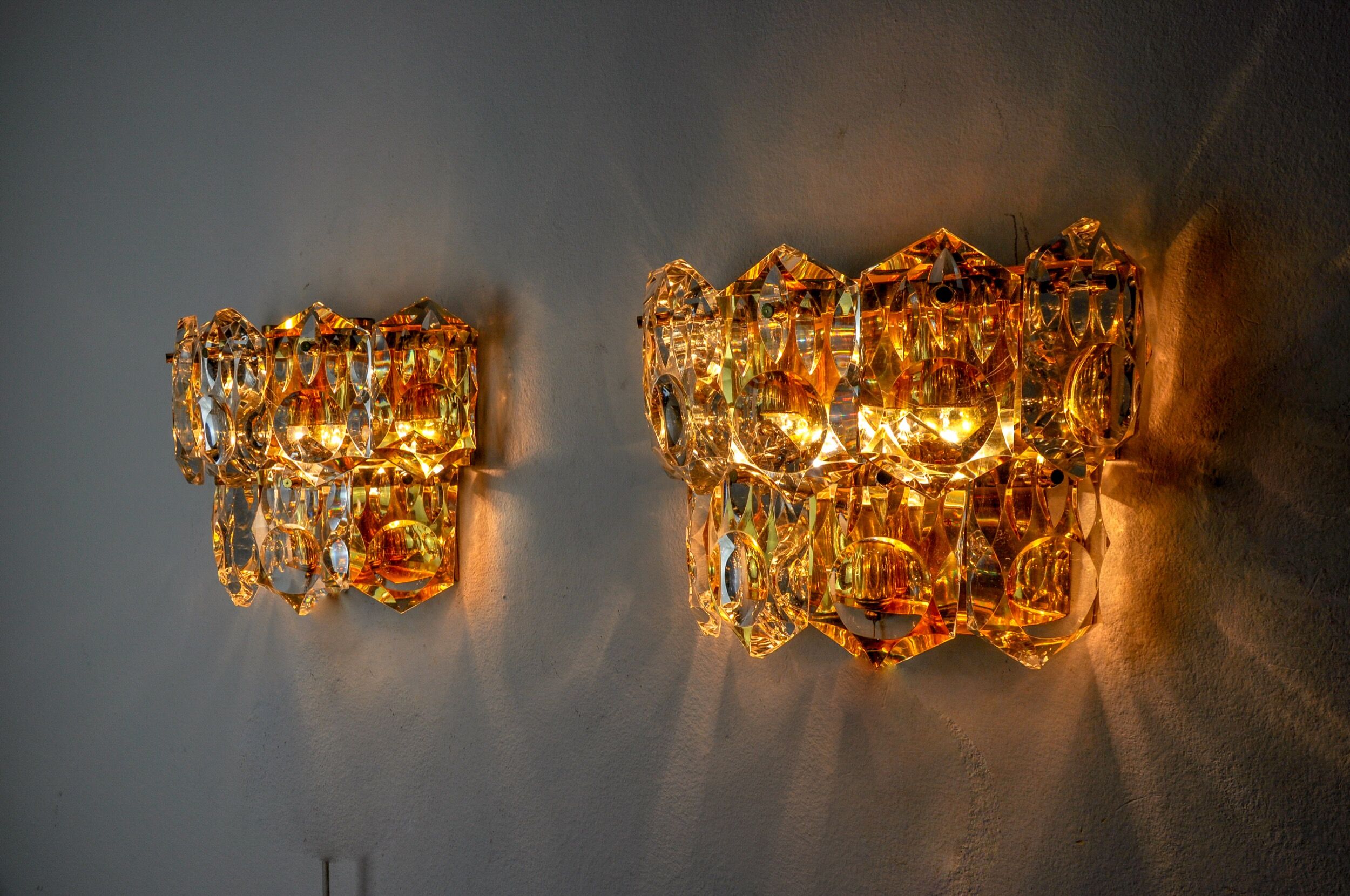 Pair of kinkeldey wall lamps, 2 levels, cut crystals germany, 1970