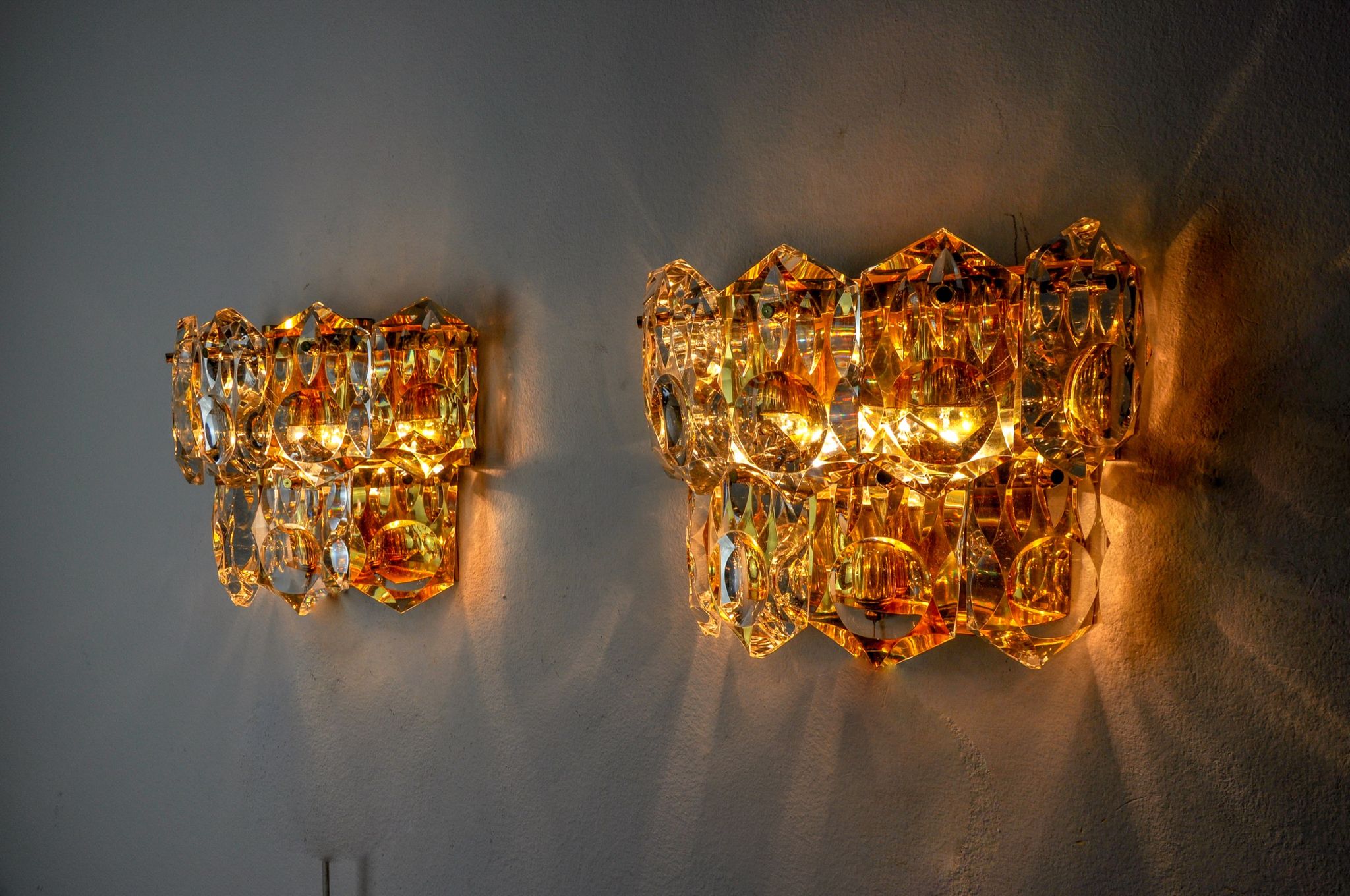 Pair of kinkeldey wall lamps, 2 levels, cut crystals germany, 1970
