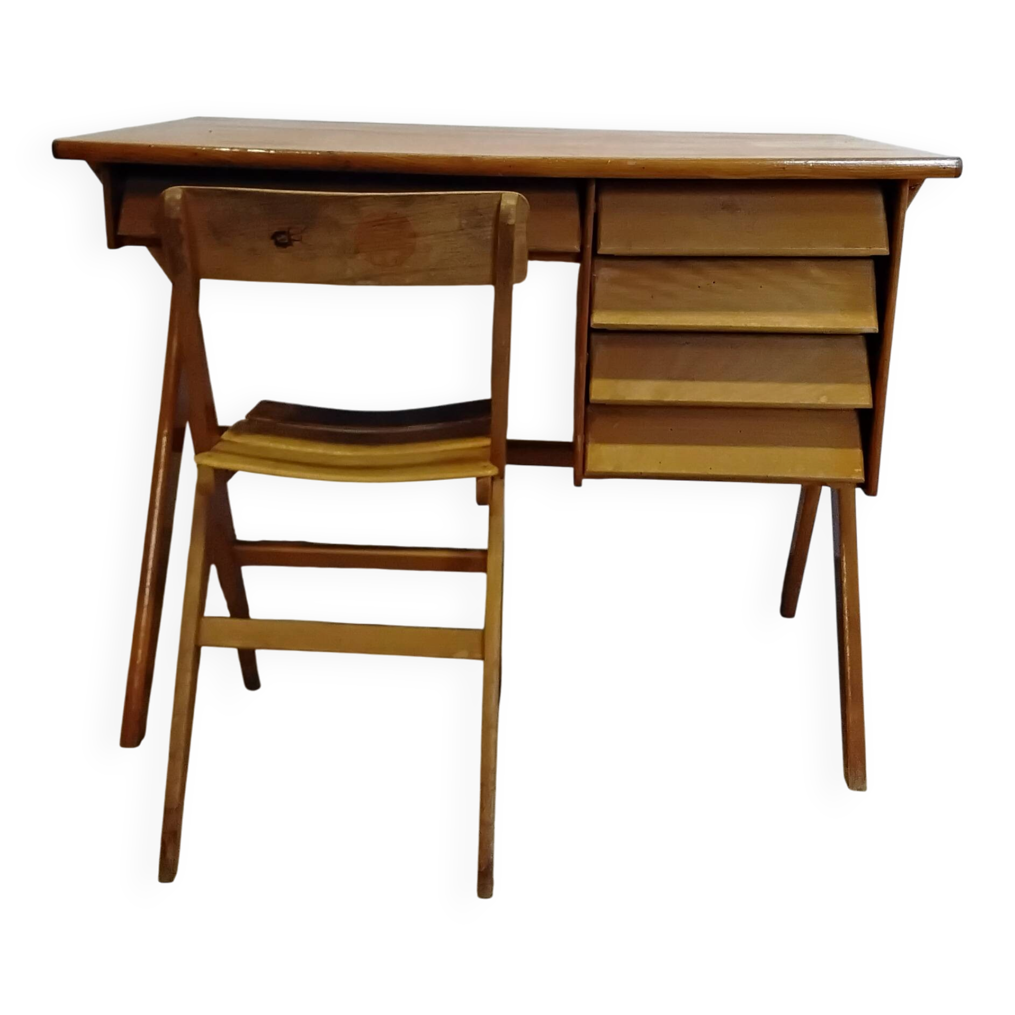 Bureau vintage pieds compas et sa chaise années 50/60