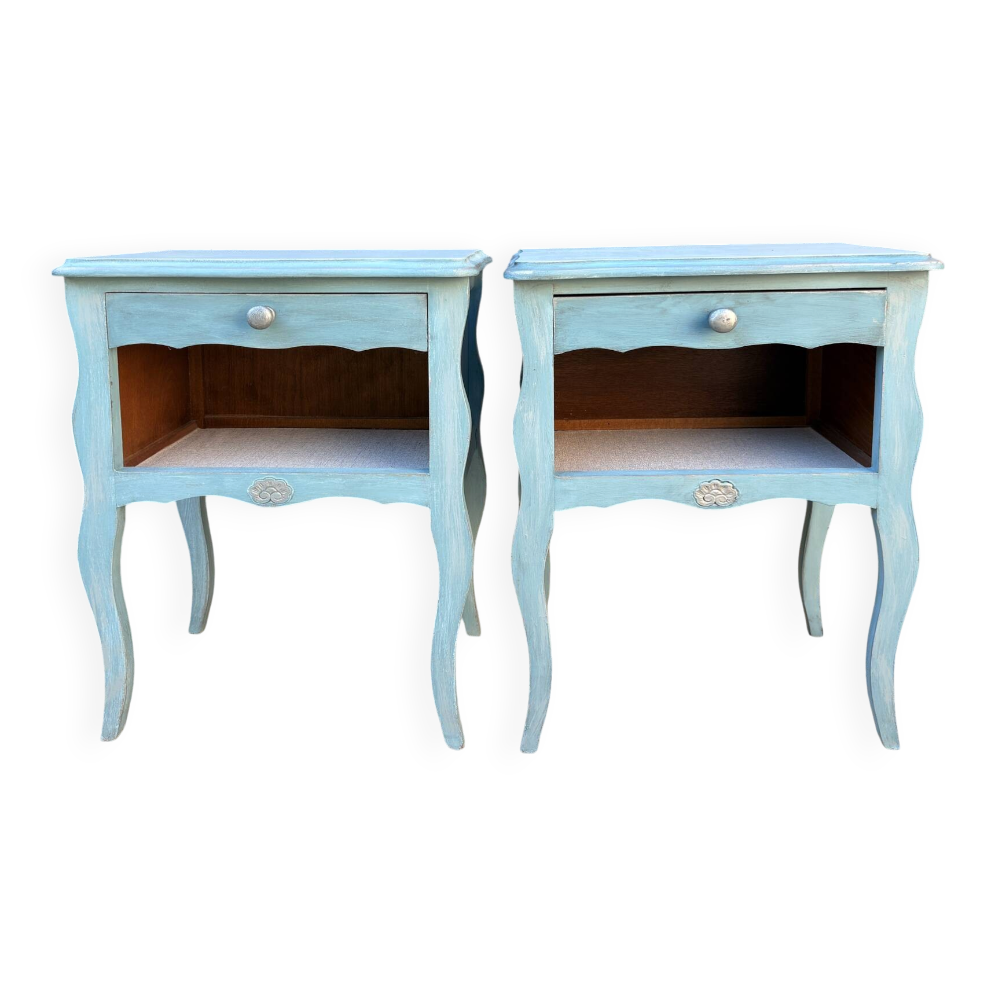 Pair of patinated lagoon blue bedside tables, early 20th century, with curved legs.