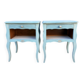 Pair of patinated lagoon blue bedside tables, early 20th century, with curved legs.