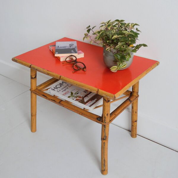 Petite table basse / Table d’appoint / Bout de canapé bambou et rotin 1960s