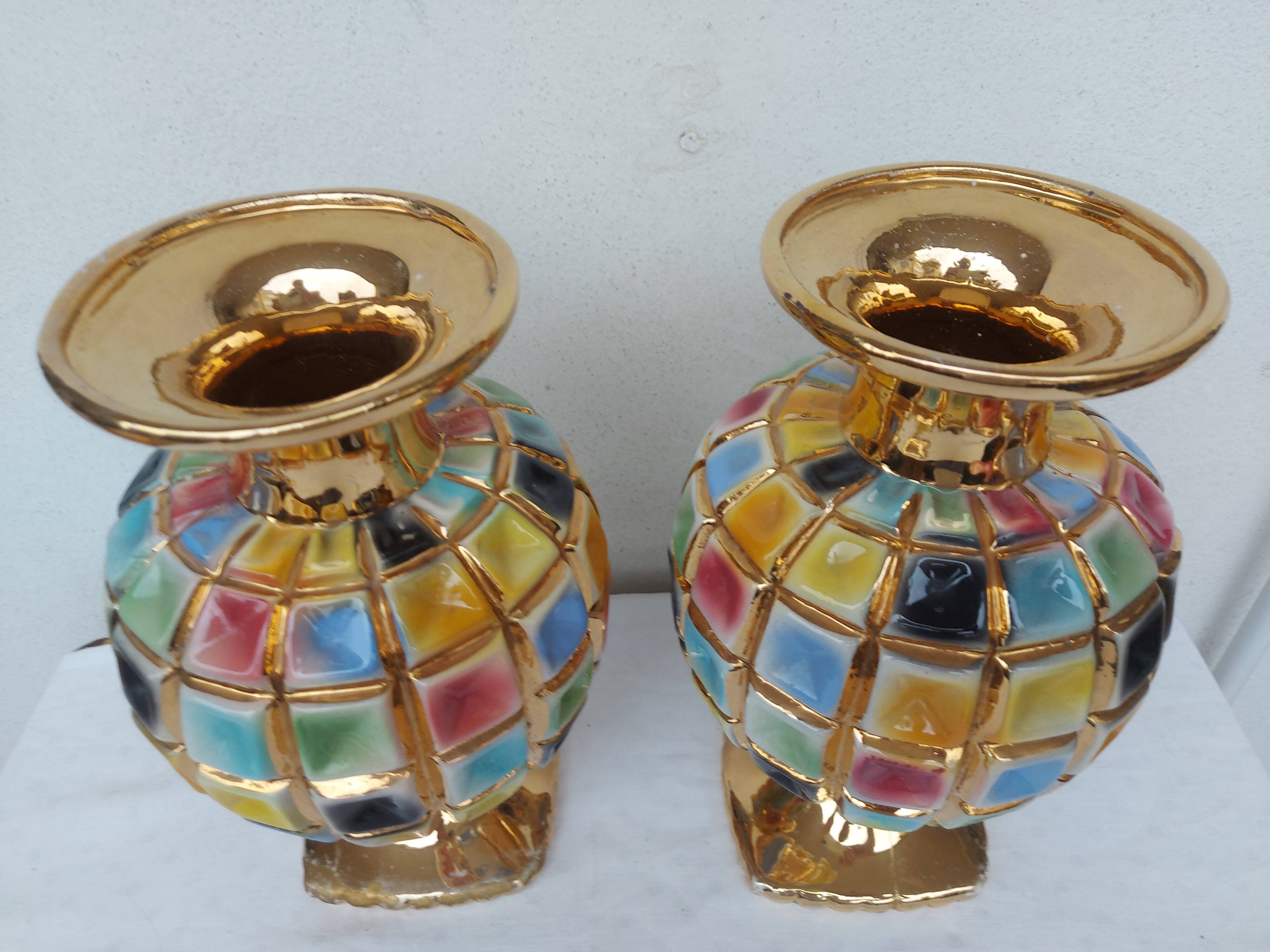 PAIR OF CERAMIC VASES DOREE, POLYCHROME, VINTAGE ITALY 60'S