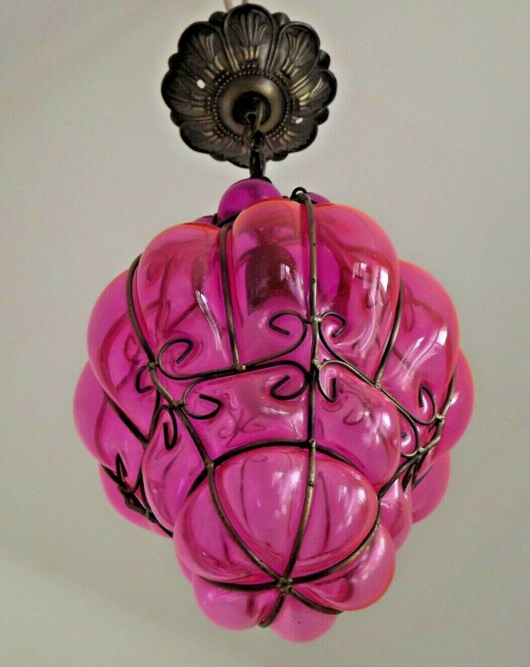 Beautiful Shaded Deep Pink  Murano Blown Glass Wrought Iron Ceiling Light