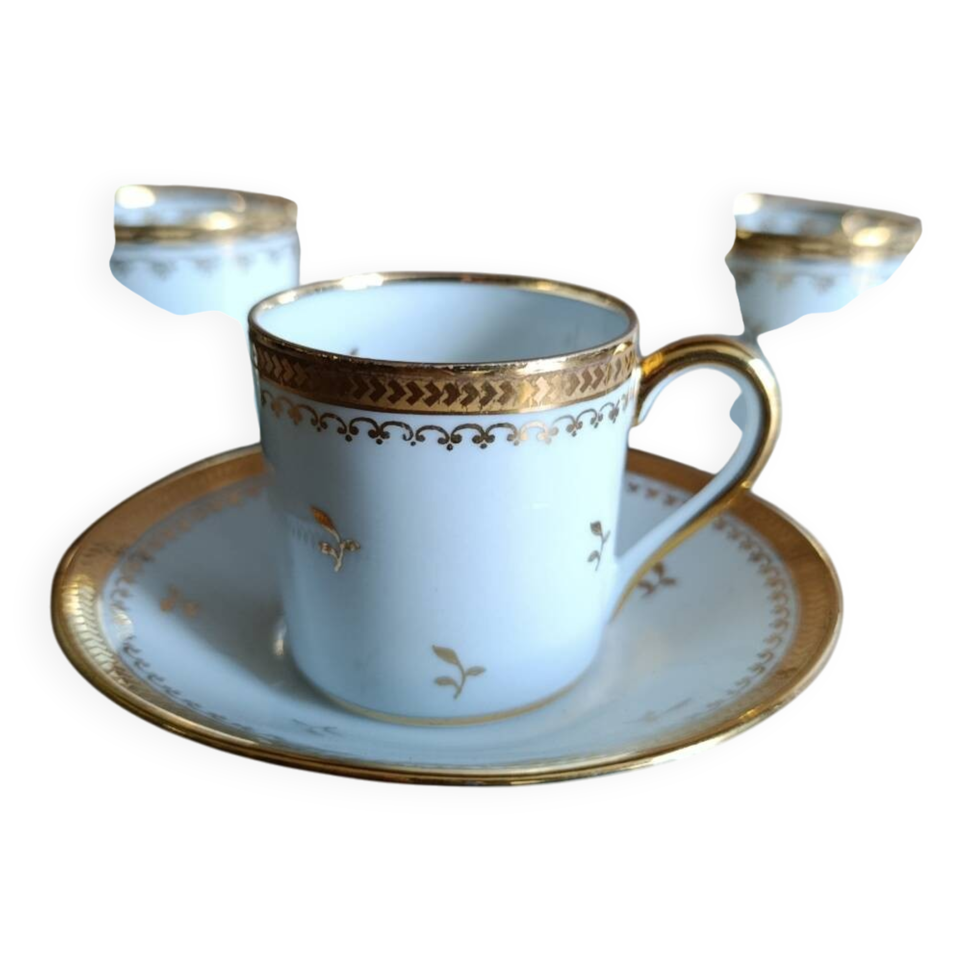 3 litre cups and saucers Empire gilded porcelain, Limoges 1950