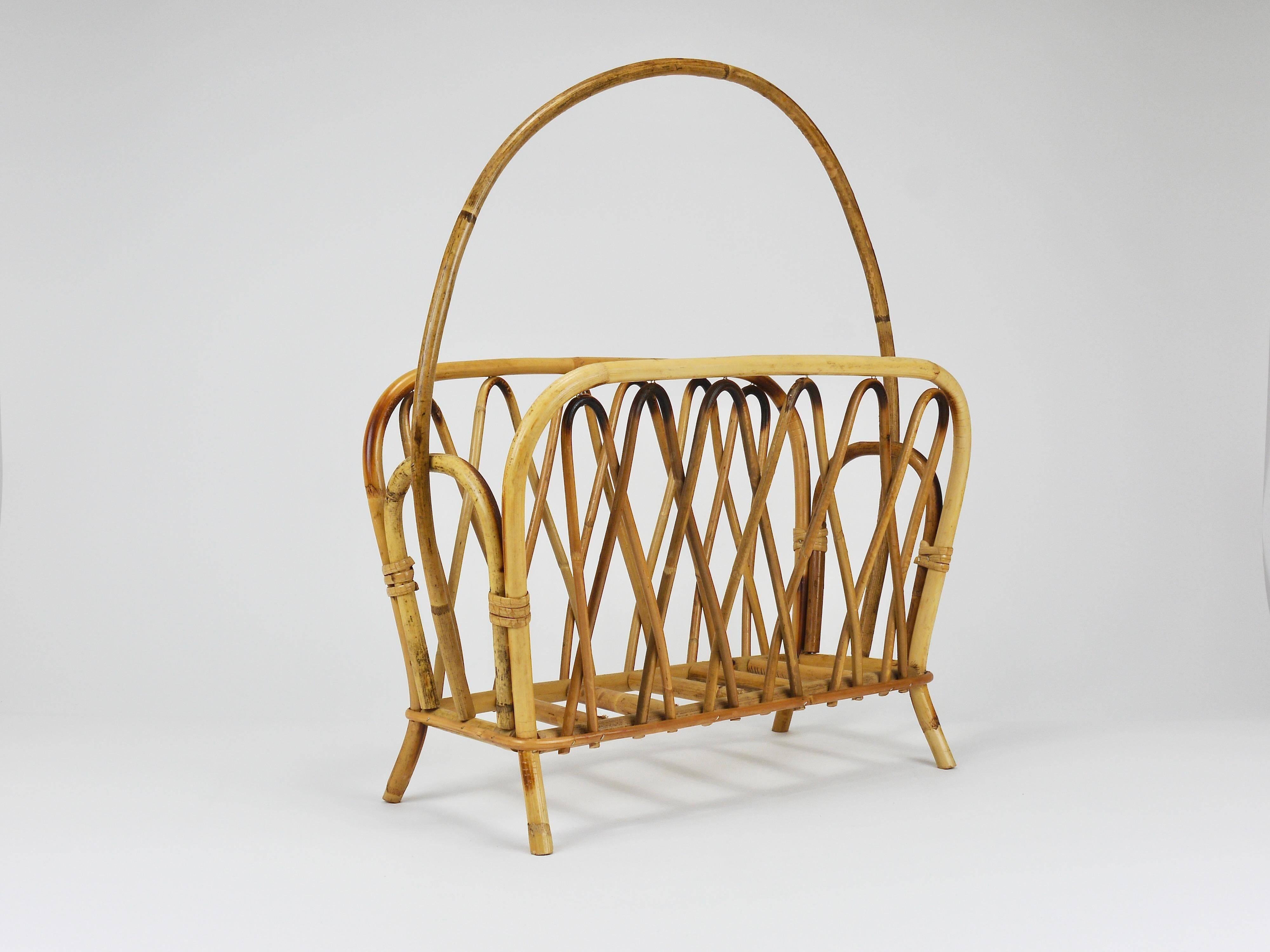 Bamboo and rattan magazine rack in the style of Franco Albini, Italy, 1970s.