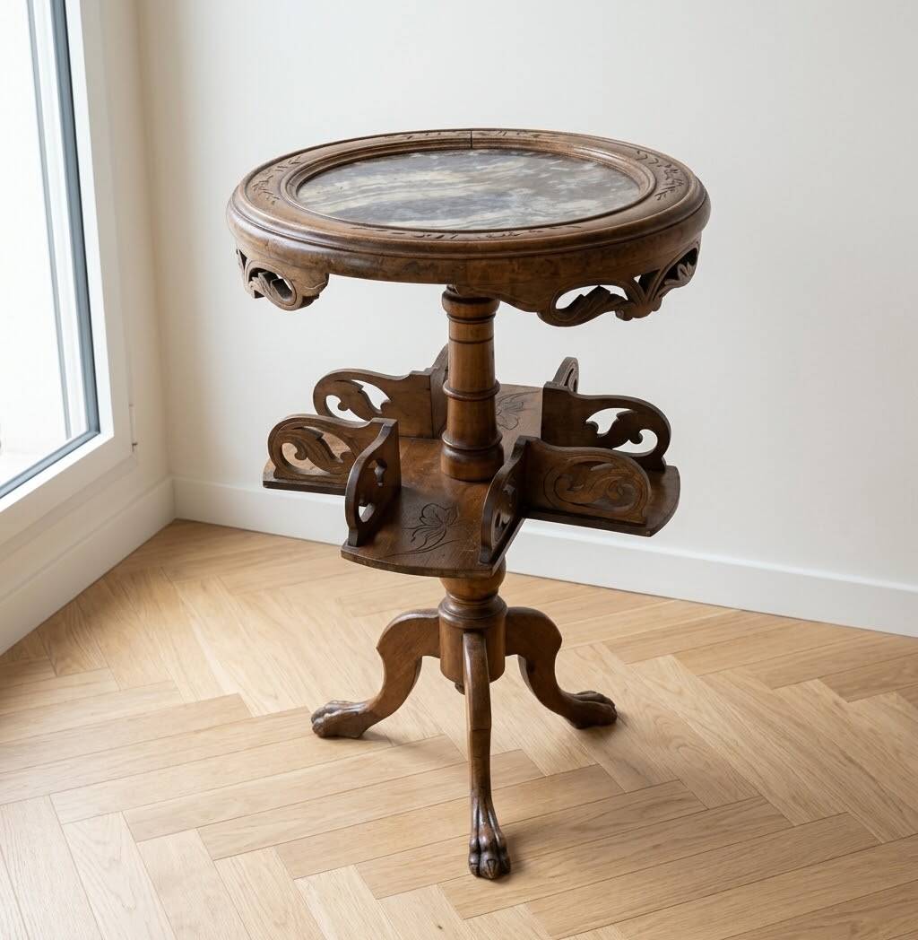 A Side Table / Stand in Walnut - Red Marble - Rotating Top
