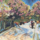 Hst painting copyist van gogh's work "red flowering chestnut trees in the park ar
