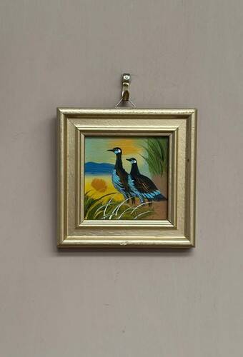 Mid-Century Oil on Panel – “ Birds” by Unknown, Vintage & Framed 11 × 11 cm