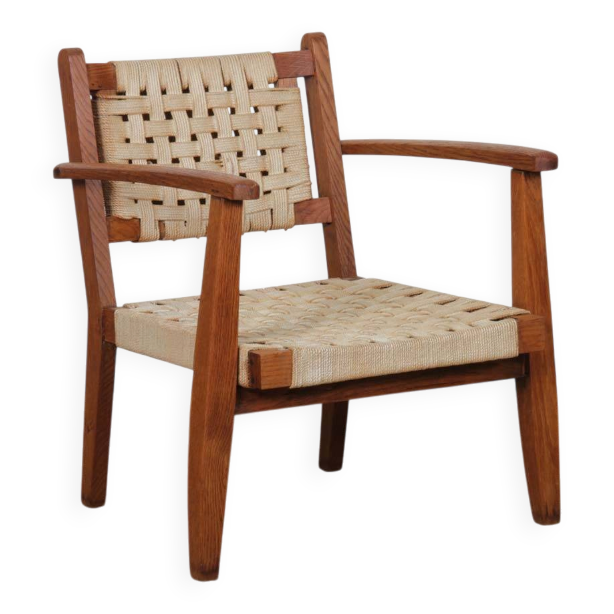 Armchair in solid oak and rope, 20th-century work.