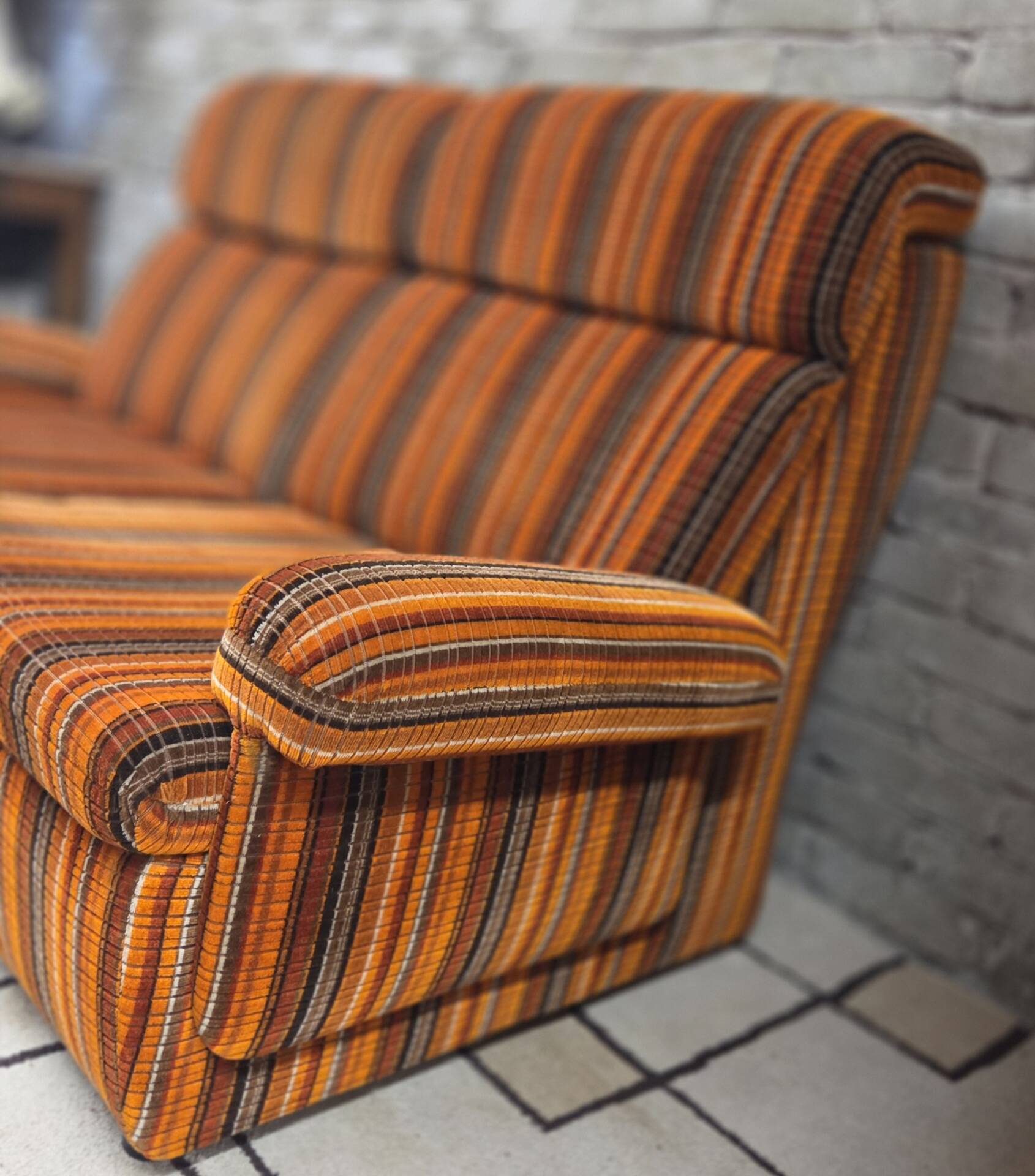Pair of vintage 1970s modular armchairs – striped orange fabric