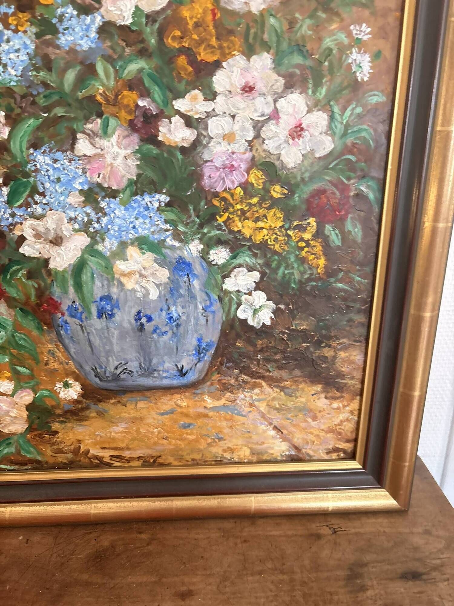 Oil Panel Bouquet Flowers Vase Blue Signed Framed Still Life