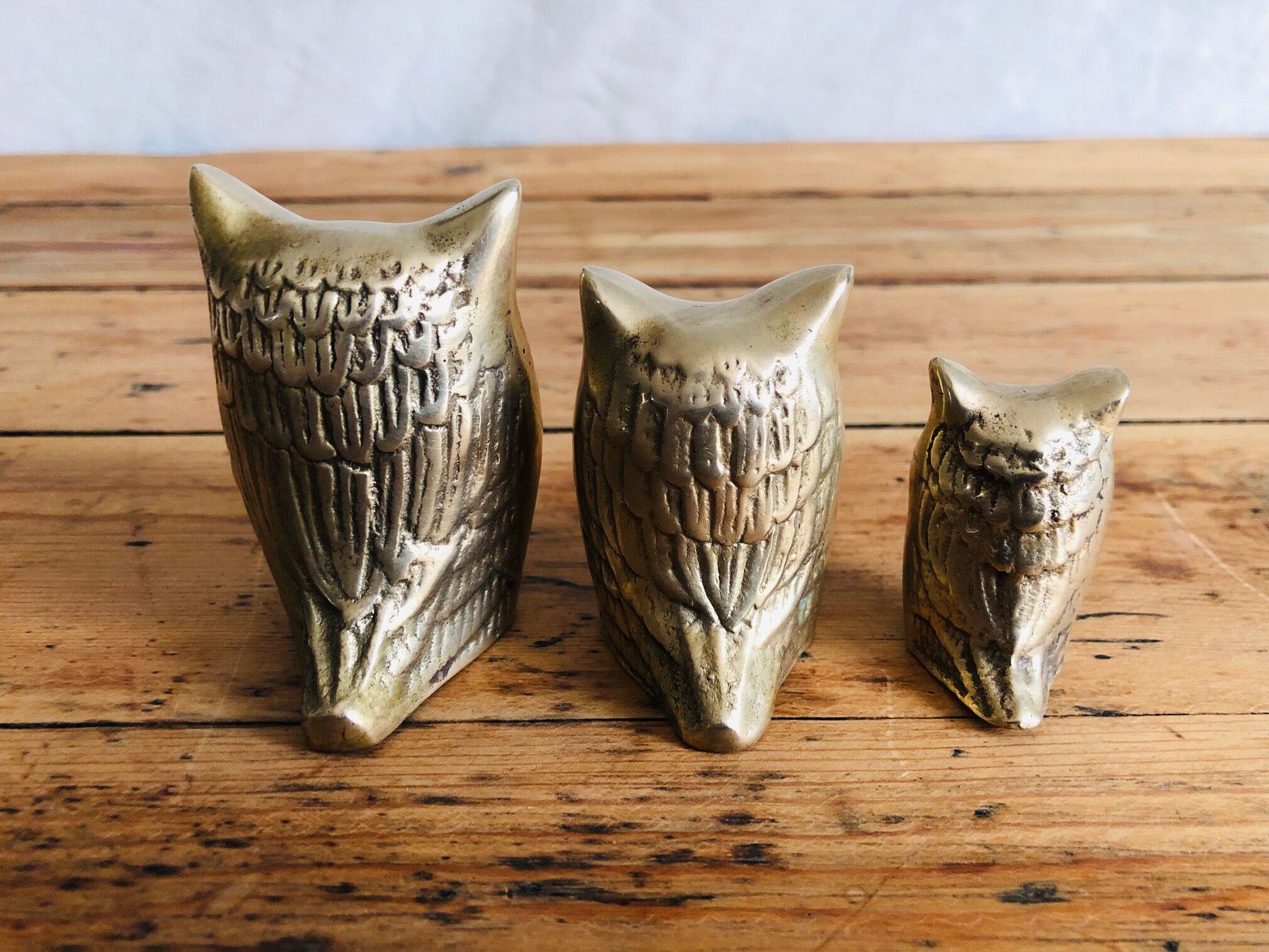 Trio of 3 owls in vintage brass