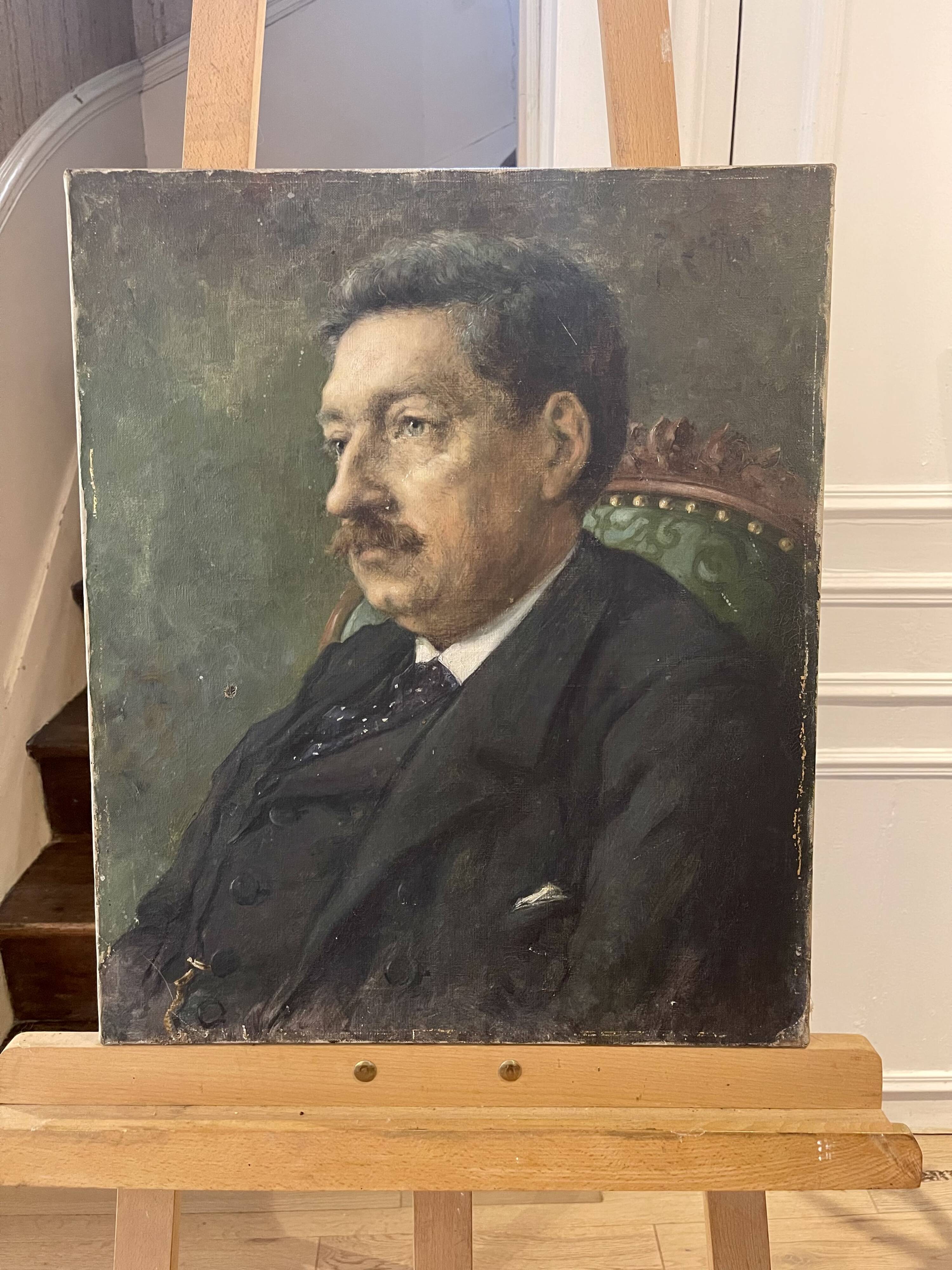 Portrait painting of a man with green eyes and mustache signed 1904