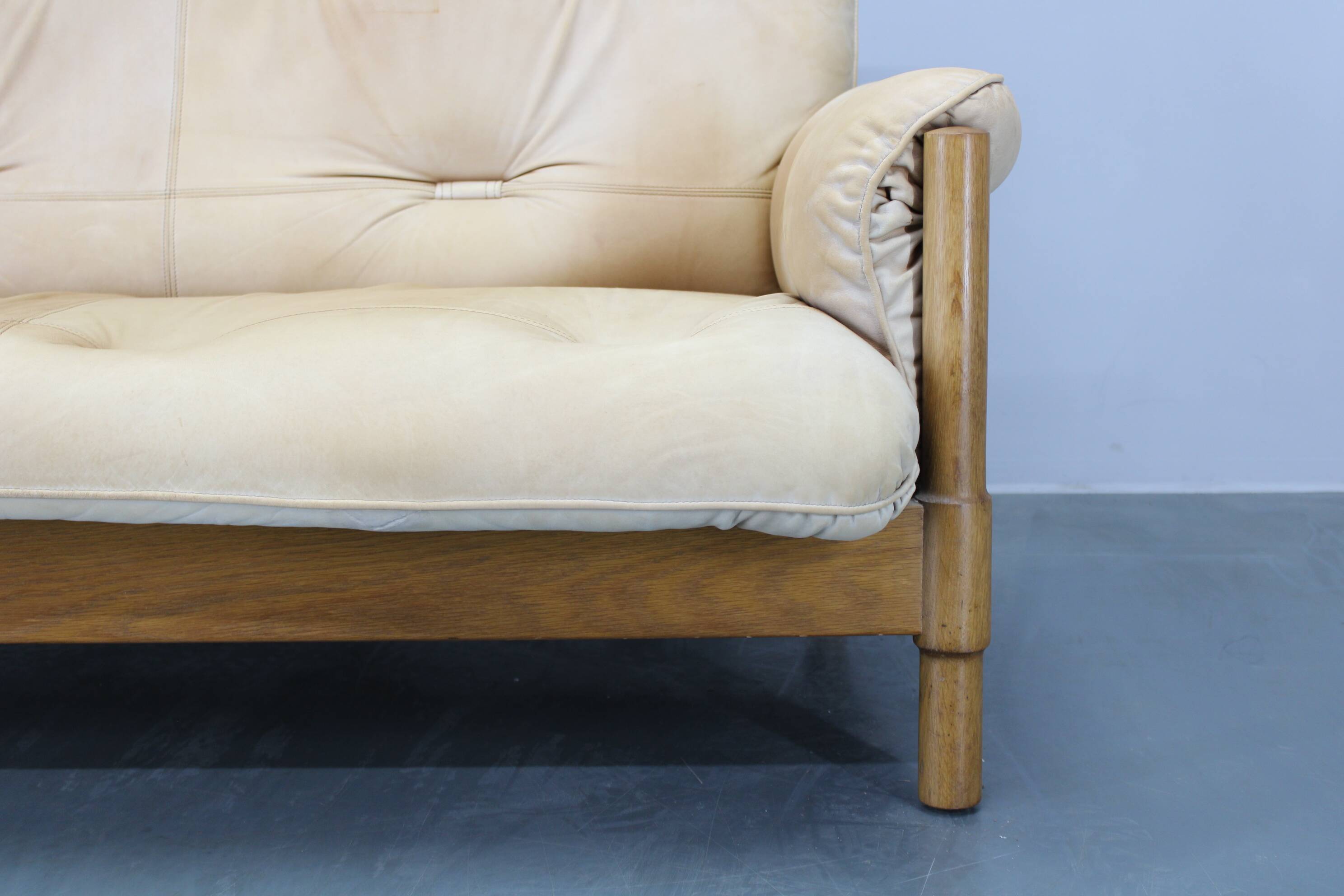 1960s Oak Scandinavian 3-Seater Sofa in Fine Leather Upholstery
