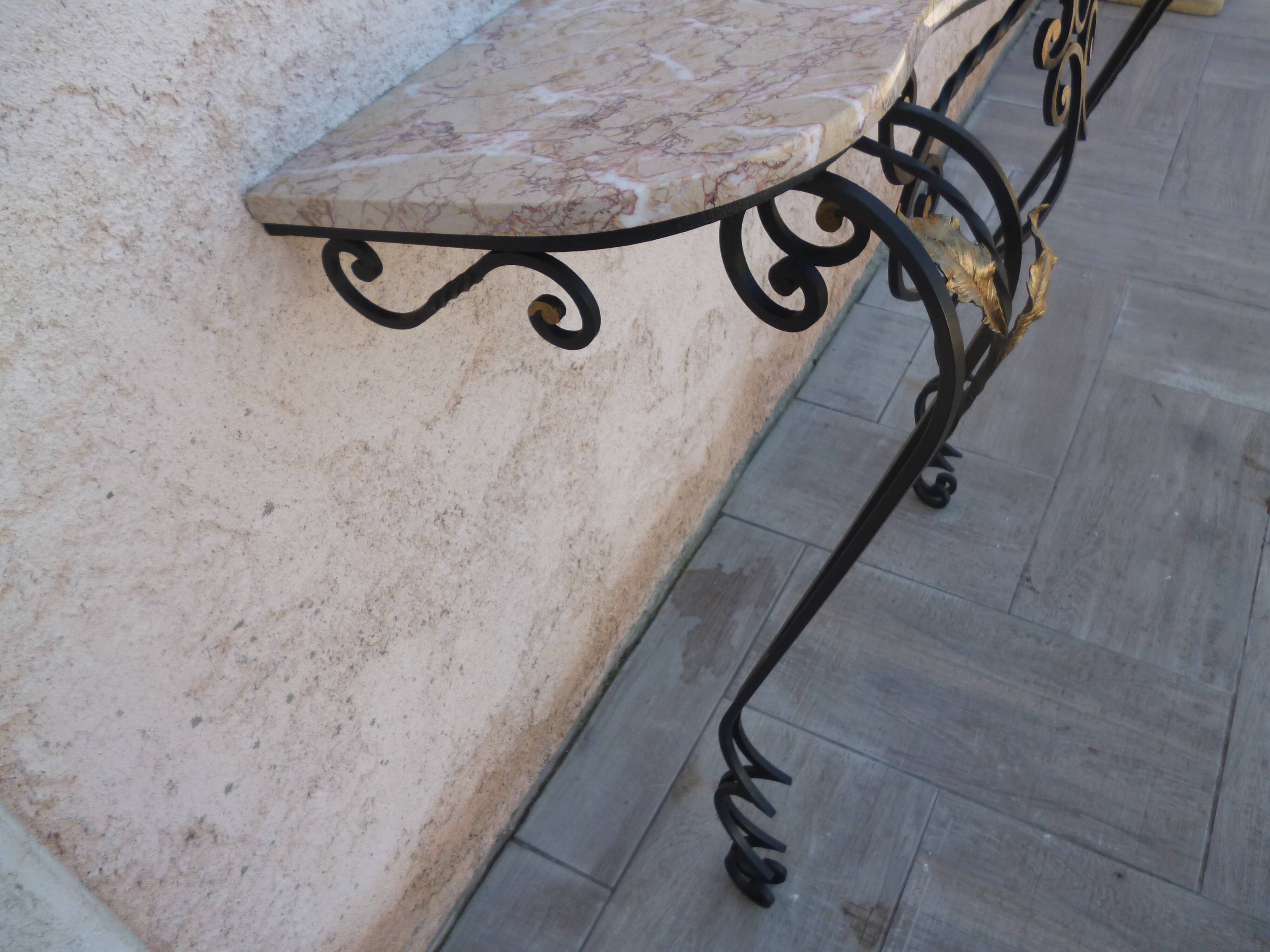 Art Deco wrought iron console with marble