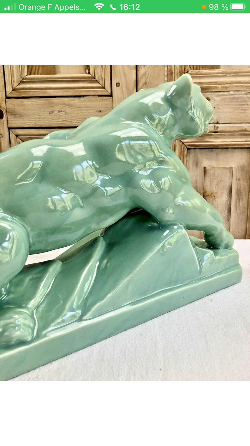 Cracked lioness sculpture art deco 1930 signed odyv