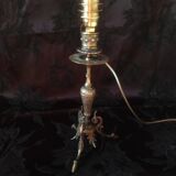 Electrified candlestick lamp, bronze tripod table lamp with goat's feet