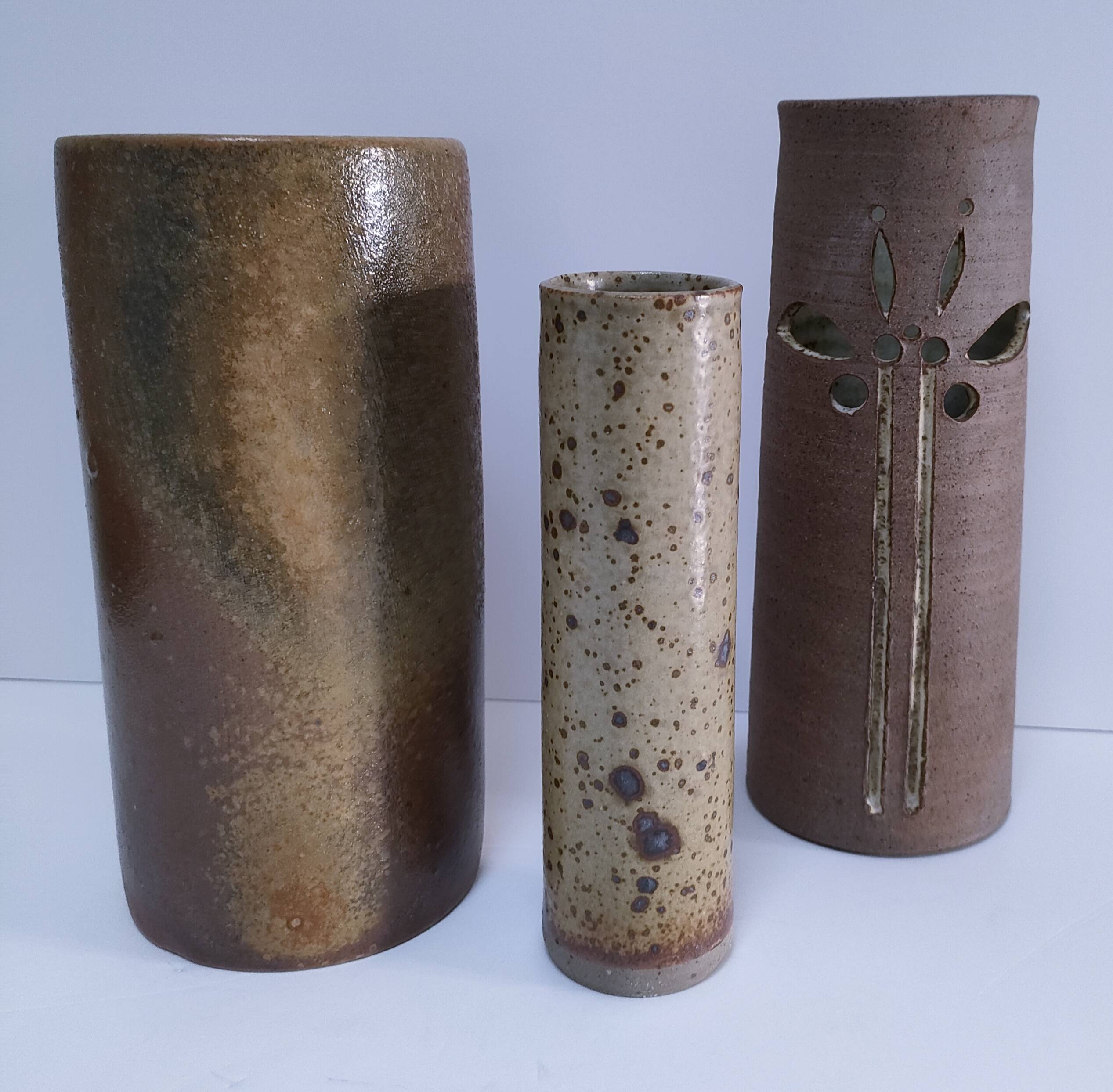 three vintage stoneware roller vases