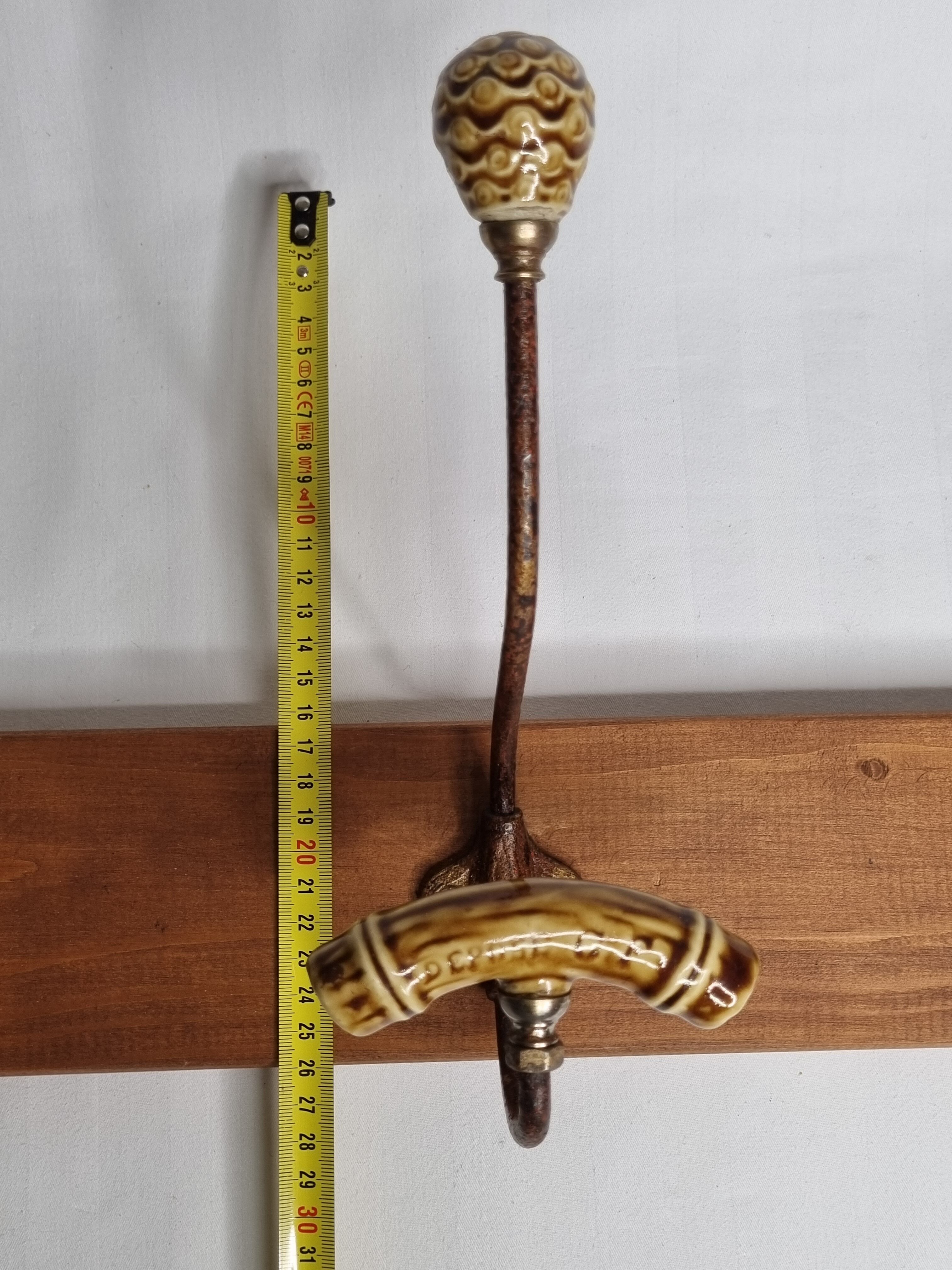 Wall coat rack, three metal and ceramic hooks in imitation of bamboo, 1900